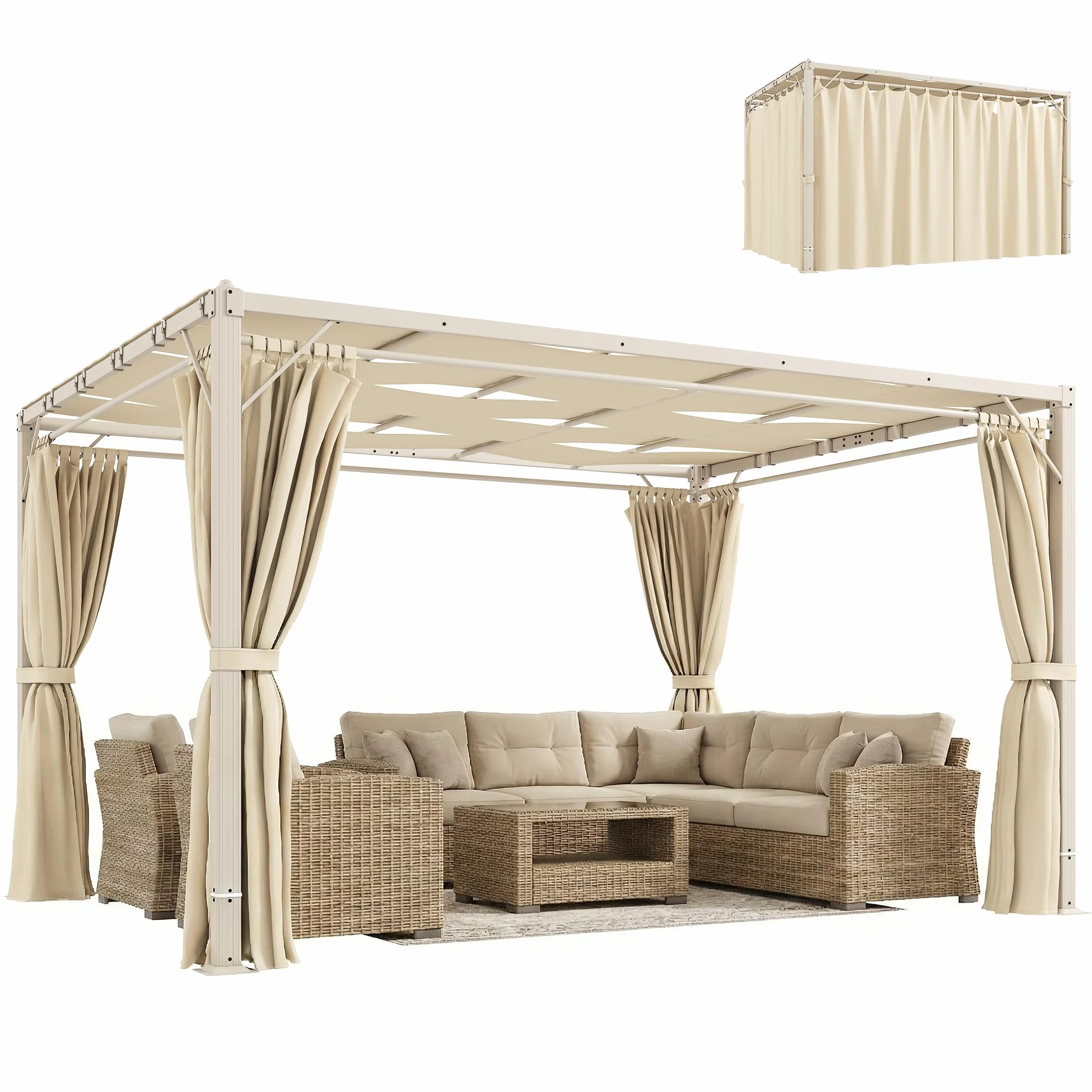 Outsunny Pérgola de Jardín 3x4 m Cenador con Techo Ondulado, Cortinas Desmontables, Estructura Acero, Protección UPF50+, Beige