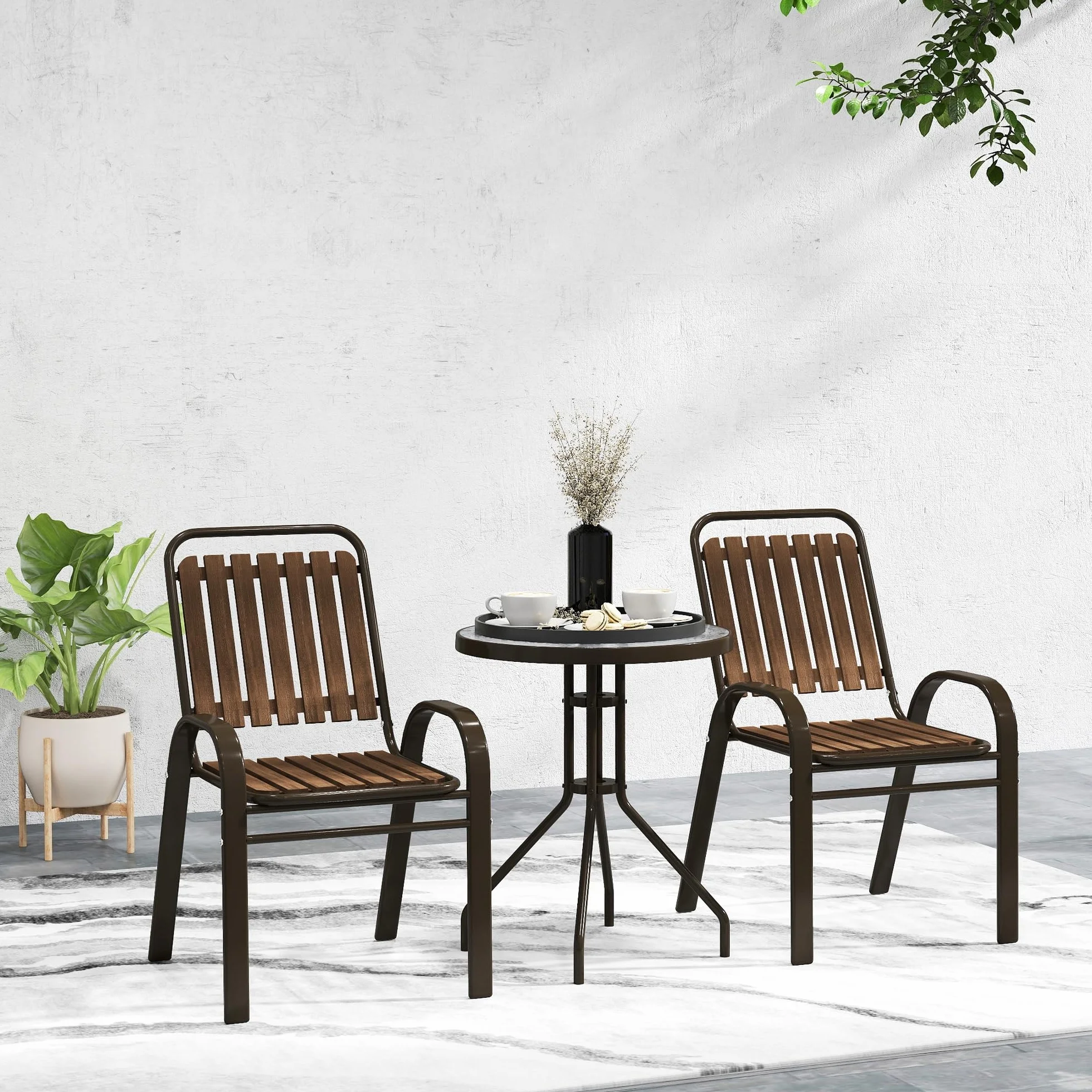Outsunny Conjunto Jardín 3 Piezas Muebles Jardín Sillas Apilables Mesa Vidrio Templado Acero Terraza Patio Marrón Oscuro