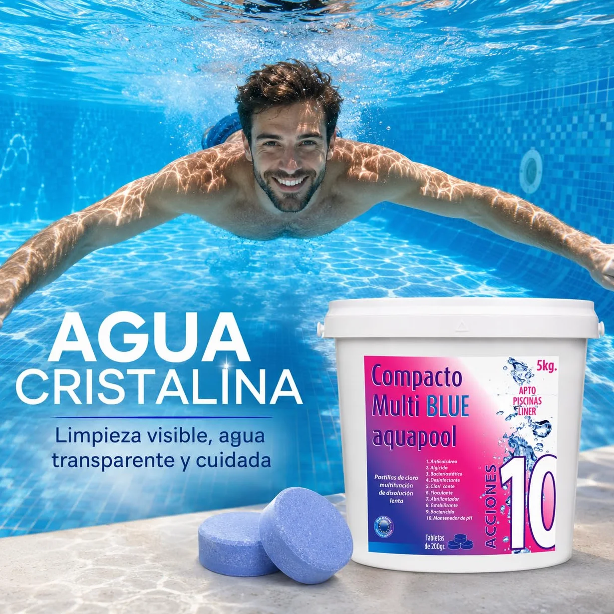 Aquapool Compacto 10 ACCIONES Pastillas de Cloro multifunción Disolución Lenta Apto Piscinas Liner 5 KG