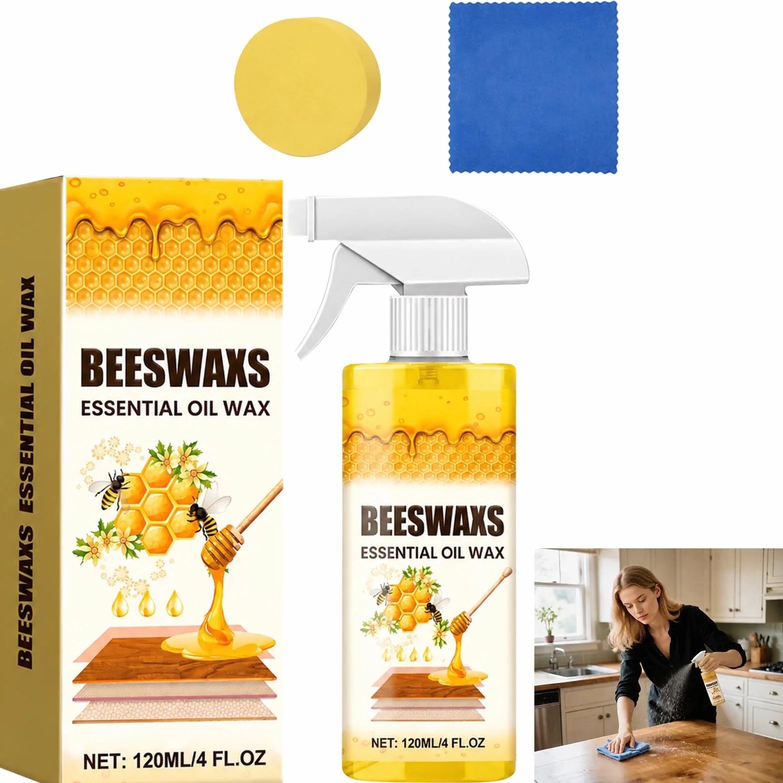 Cera de Abejas Spray para Muebles 120ML, Limpiador Protector Madera Natural con Esponja y Paño