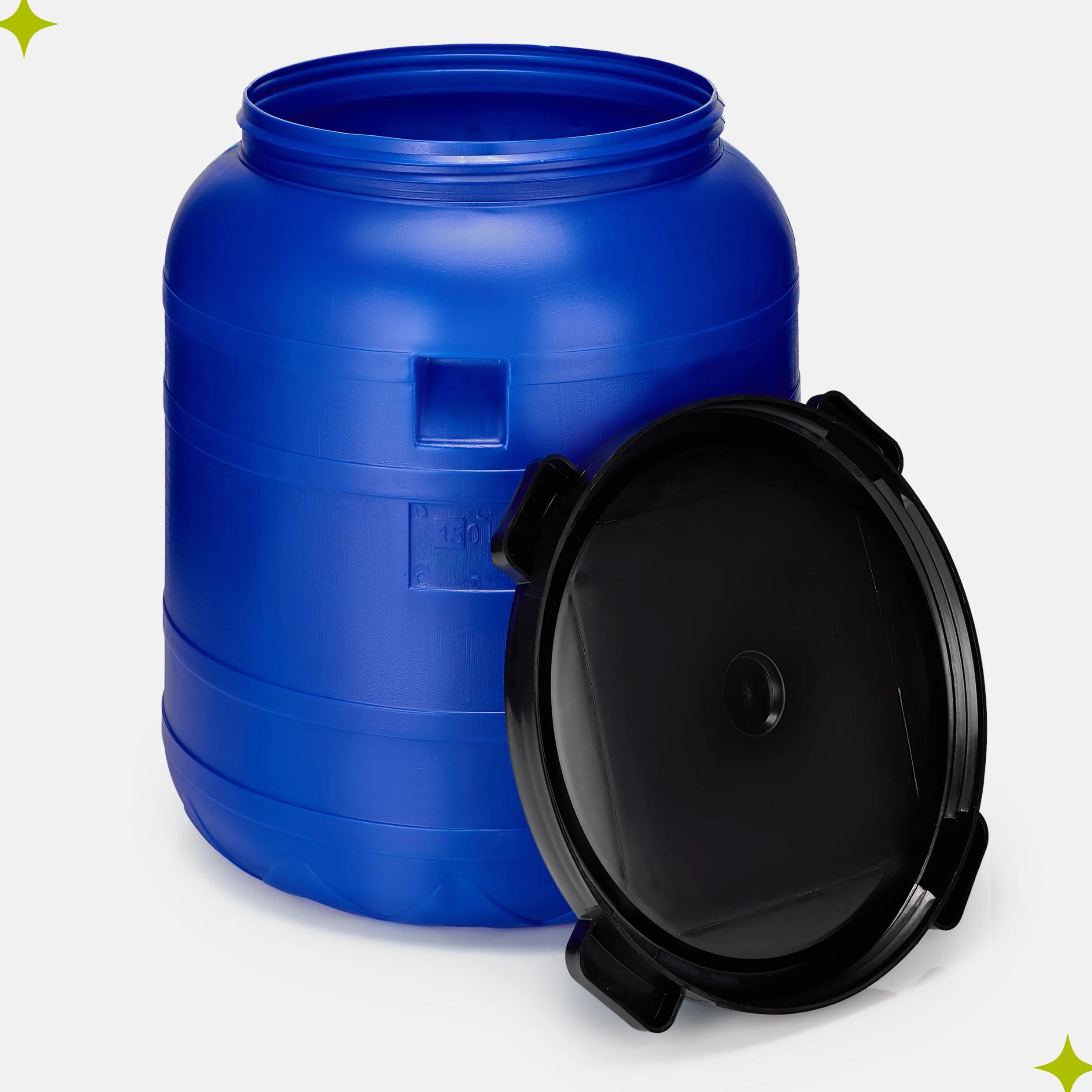 Garronda Barril de Boca Ancha 150 litros BPA-Libre, Universal para Alimentos, Agua de Lluvia con Tapa, Azul