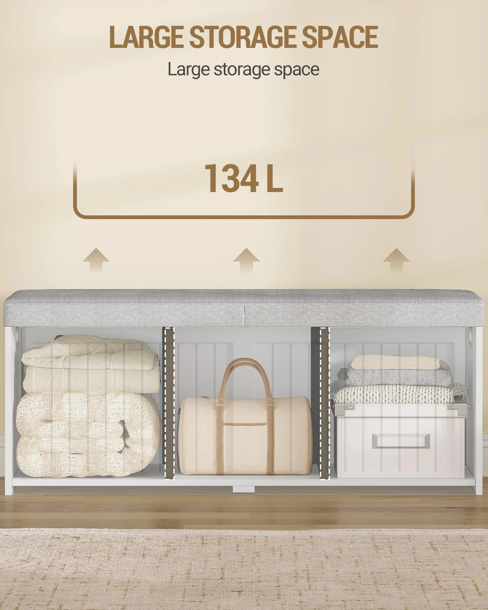 Baúl almacenaje Banco con Compartimento, Tapa Abatible Cojín Lino, 40 x 109 x 44,5 cm, Blanco-Gris