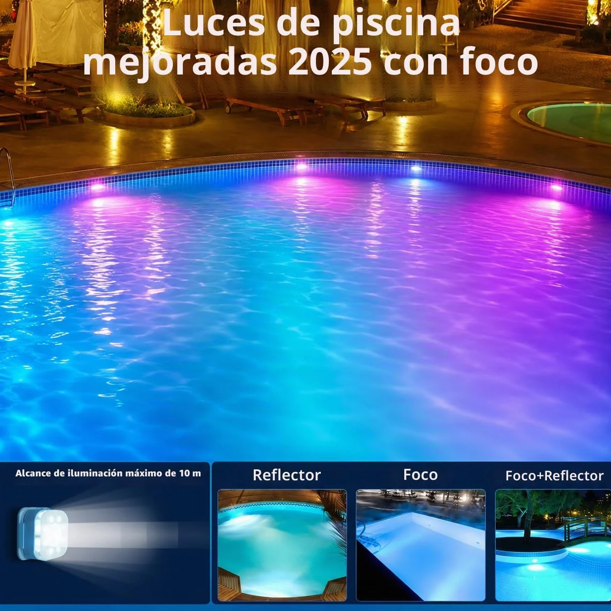 Pack de 4 Luces Piscina Sumergibles LED Recargable IP68 16 Modos Color Control Remoto Imanes