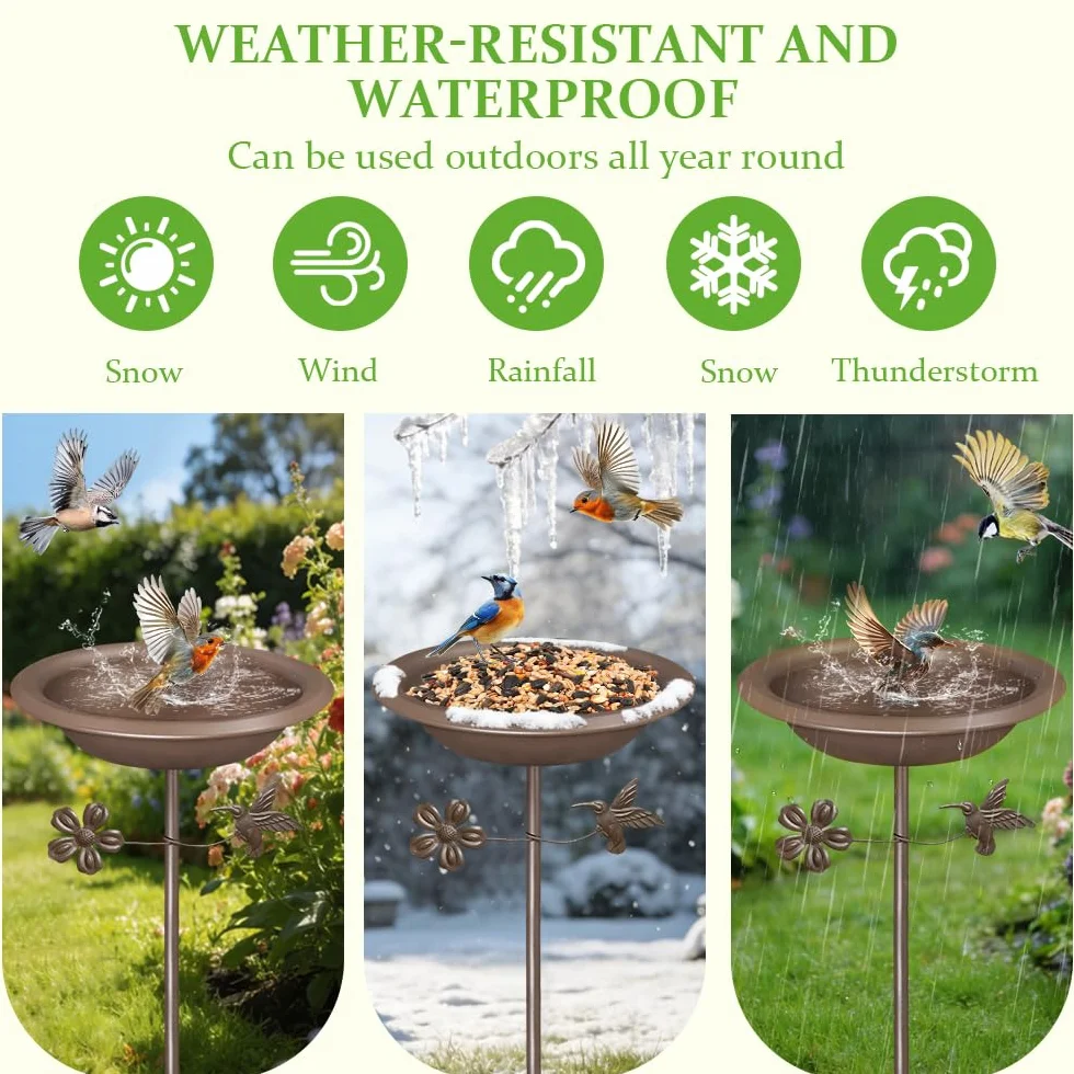 Bseical Bebedero para pájaros de pie, baño para pájaros exteriores, cuenco de metal resistente al invierno