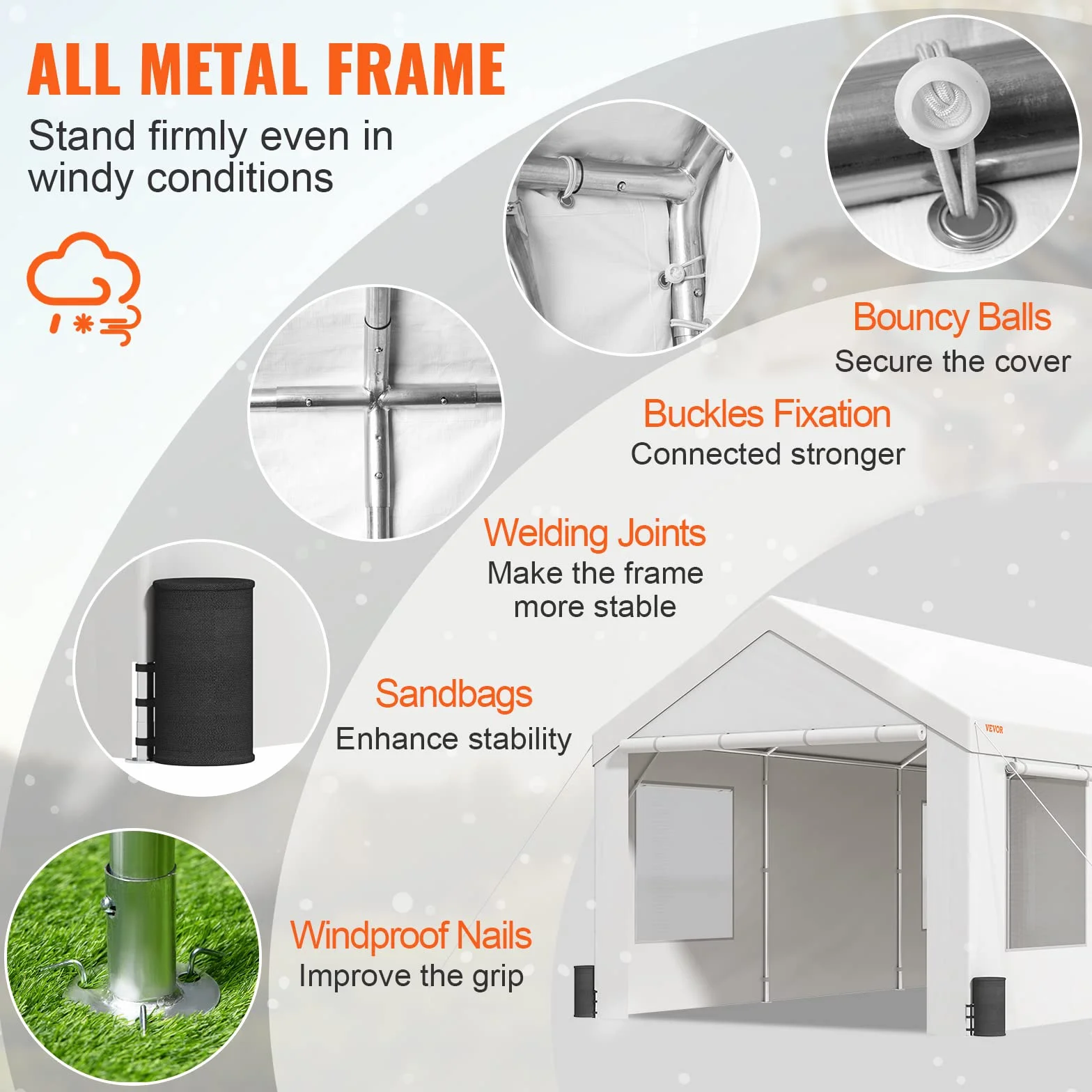 VEVOR Toldo para Cochera 3,7x6 m Carpa para Garaje con Paredes Laterales Desmontables Ventanas Puertas Enrollables Lona Impermeable Blanco