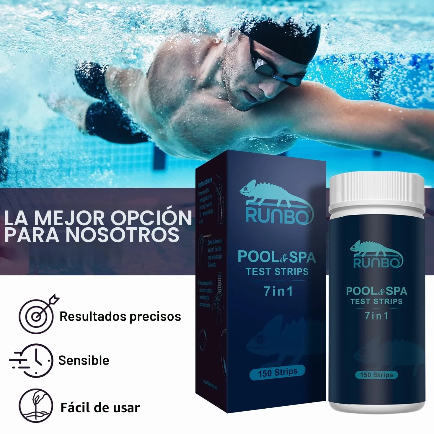 RUNBO 150 Tiras Reactivas de Prueba Piscina y Spa 7 en 1, Tiras Para Bañera de Hidromasaje pH Prueba, Alcalinidad, Dureza Total, Medidor Cloro Libre, Acido Cianurico,Cloro y Bromo