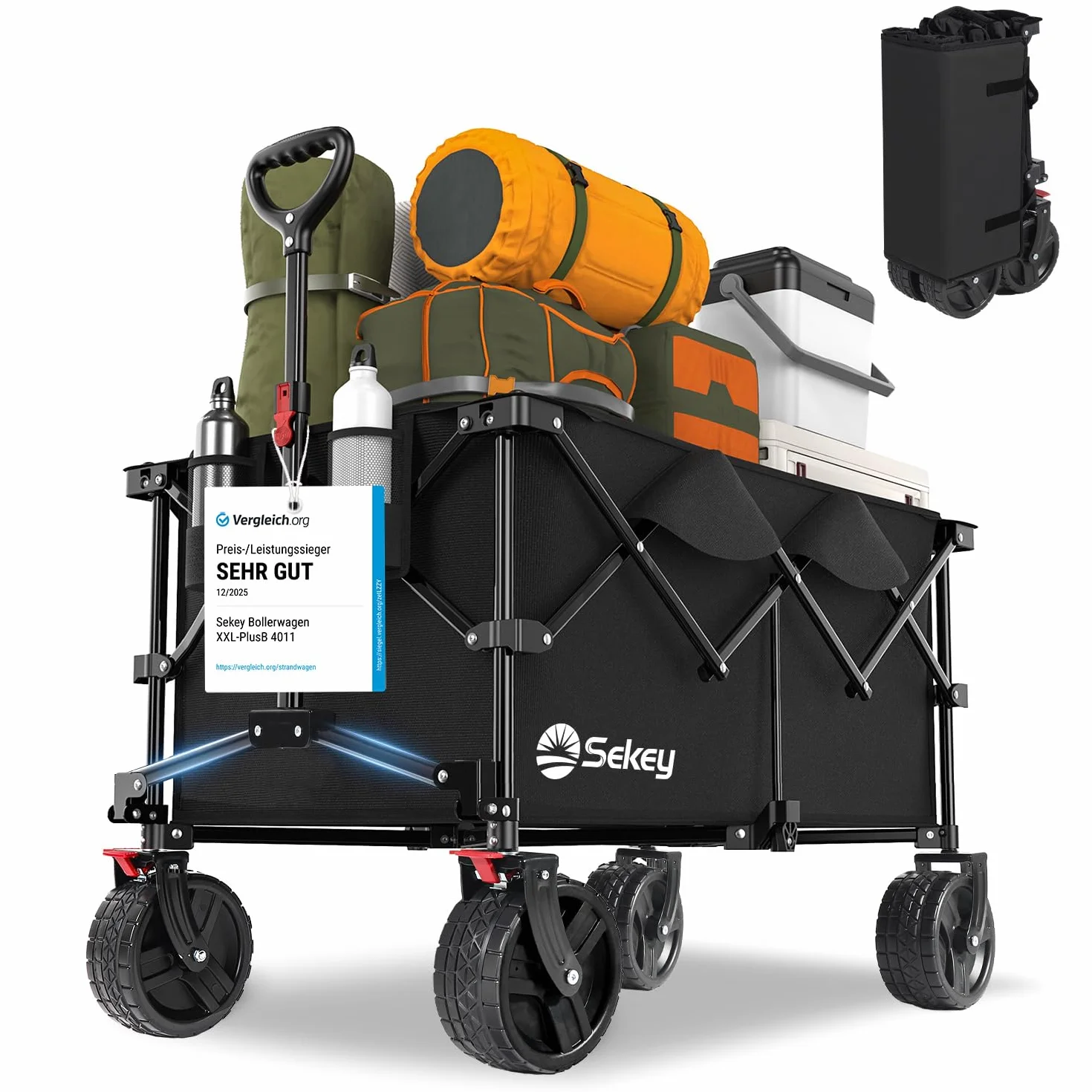 Sekey XXL Plus Carro Playa Ruedas Grandes con Frenos 200L 200KG, Carrito Plegable Todo Terreno SE4011, Negro Profundo