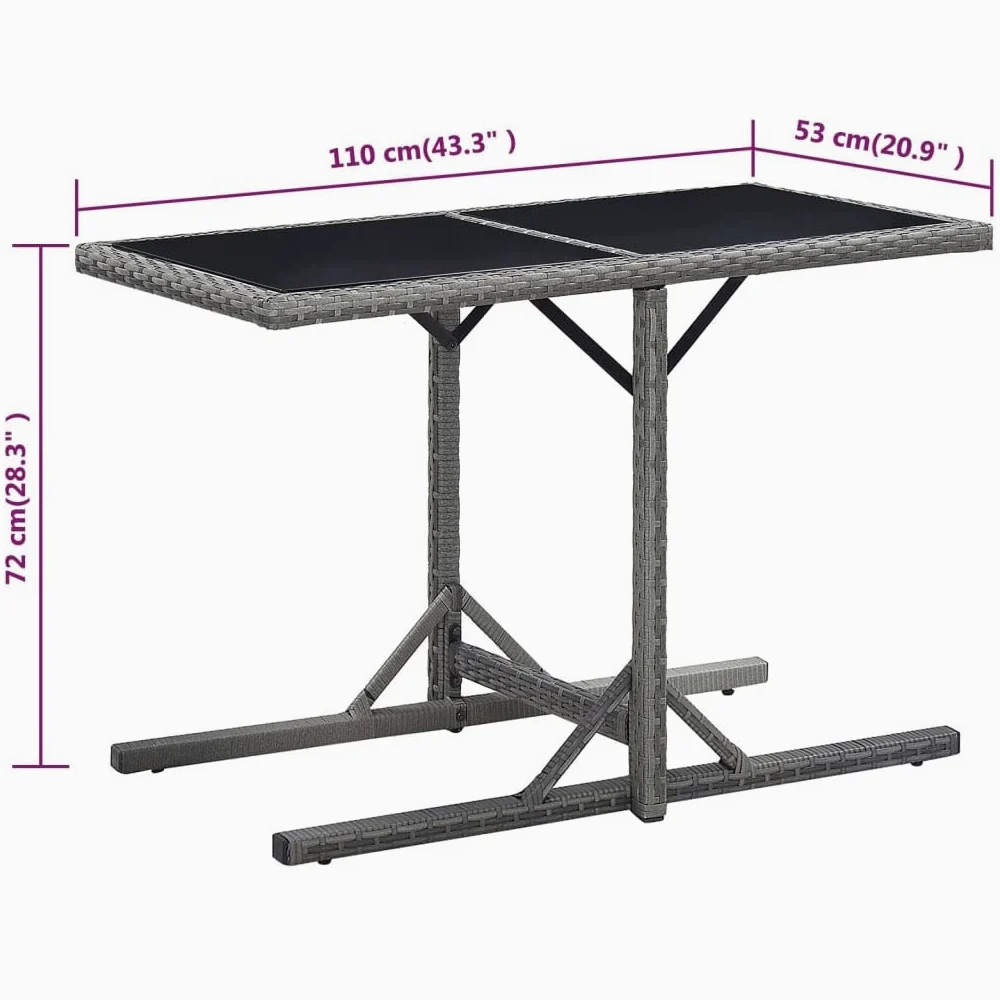 Mesa de jardín de ratán de polietileno con tablero de cristal, 110 x 53 x 72 cm, de color antracita, con estructura de acero, resistente al agua y fácil de limpiar, para jardín, terraza o
