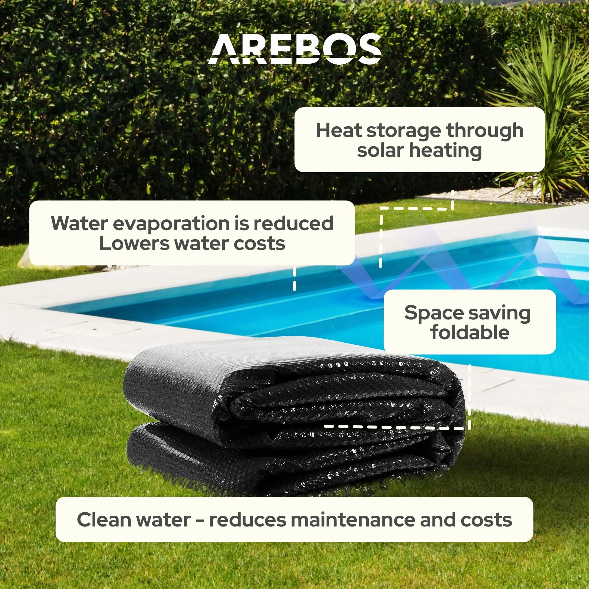 Arebos Cubierta Solar Piscina Ø 4,57 m Negro Lona Redonda 120 µm Protector Térmico Ahorro Energía