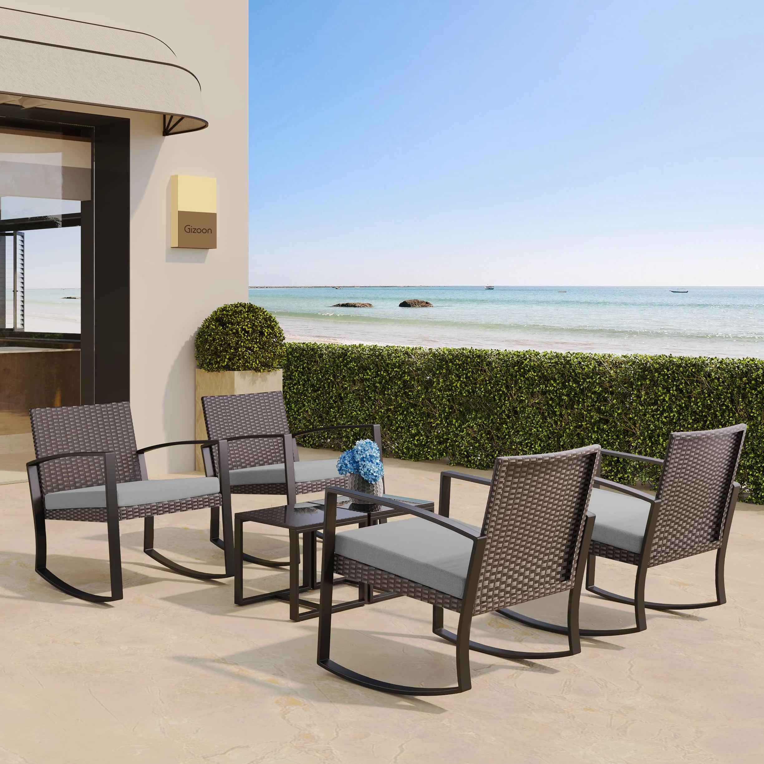 Bealife Conjunto Muebles de Jardín 3 Piezas, 2 Sillas Mecedoras de Ratán Sintético con Cojines y 1 Mesa Auxiliar, Juego de Balcón, Terraza y Patio, Exterior Resistente a la Intemperie (Gris)