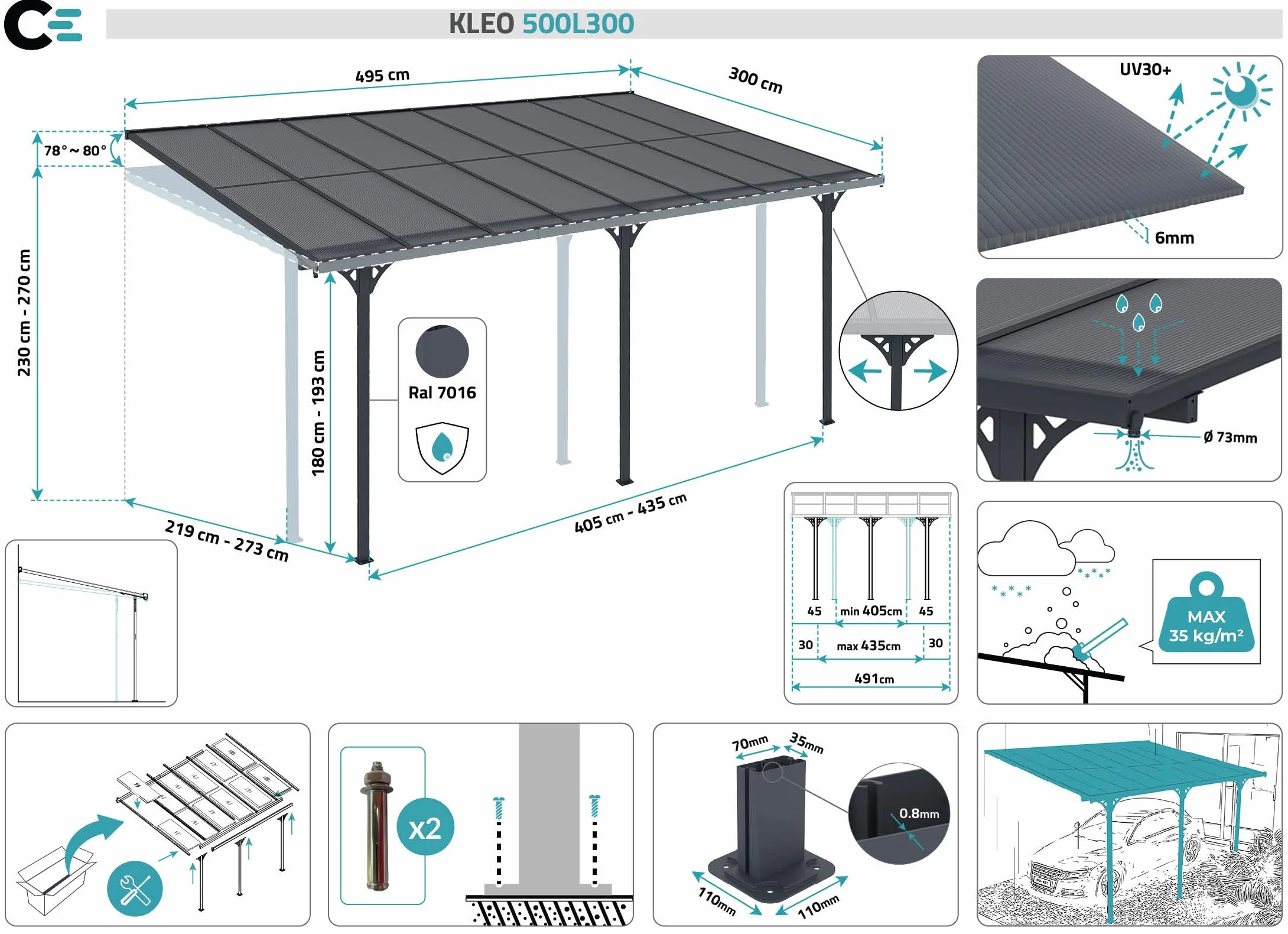 Cazeboo Carport Pérgola Adosada 15m² KLEO 5x3m Aluminio Gris
