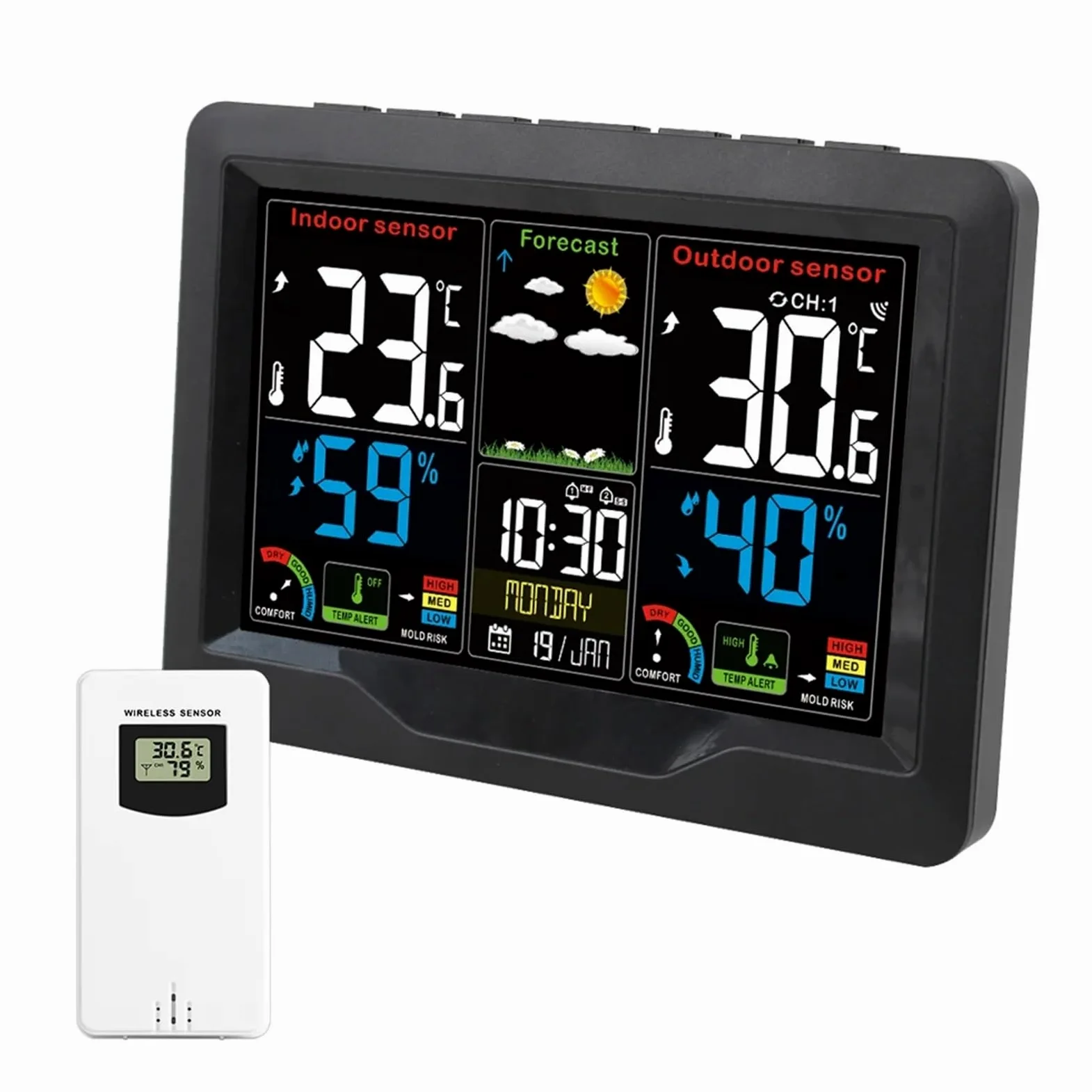 Estación meteorológica, termómetro, pronóstico de humedad, grado de moho, despertador, herramienta de mesa de escritorio inalámbrica 3 con sensores exteriores(Sensor 1)