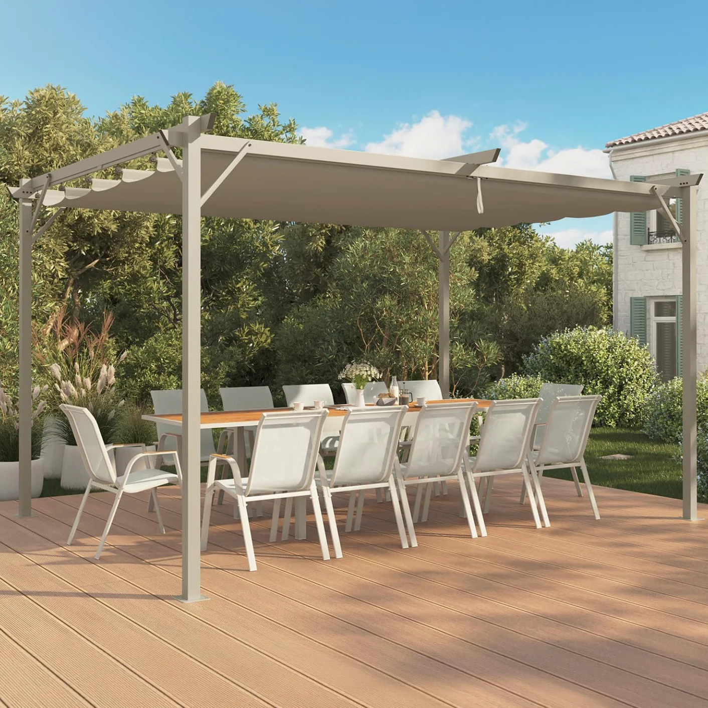 Pérgola retráctil techo 4 patas 3x4 m cenador efecto madera y lienzo beige