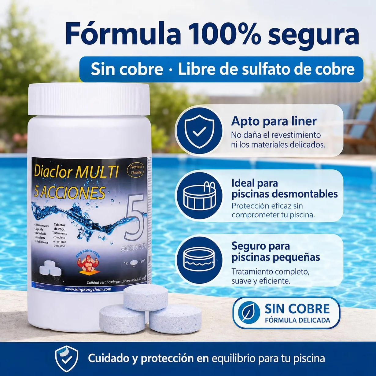 Pastillas de Cloro 5 Acciones Diaclor Mini Piscinas 1 kg Sin Cobre