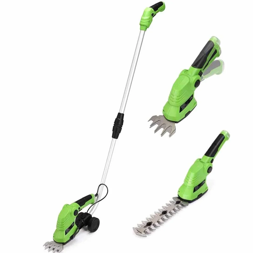 Bakaji Tijeras de podar eléctricas a batería con mango telescópico extensible, cortasetos, desbrozadora, cortasetos, 2 cuchillas intercambiables de 9 cm y 17 cm de acero