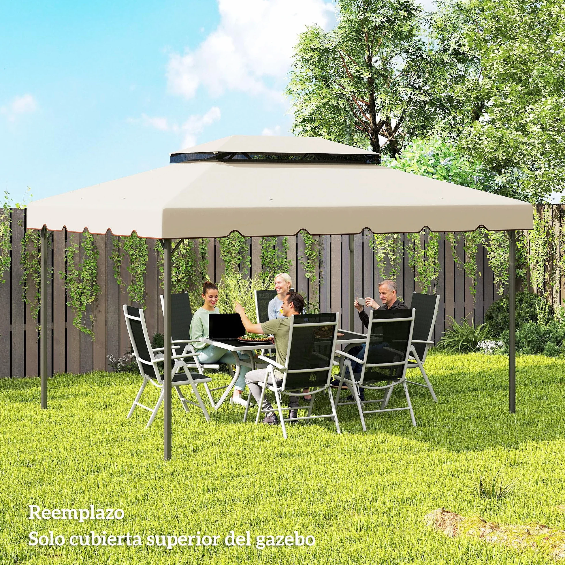 Outsunny Techo de Repuesto para Cenador, 4x3 m, Cubierta de Repuesto con Doble Techo, 8 Orificios de Drenaje, Solo Toldo de Recambio para Pabellón Gazebo, Beige