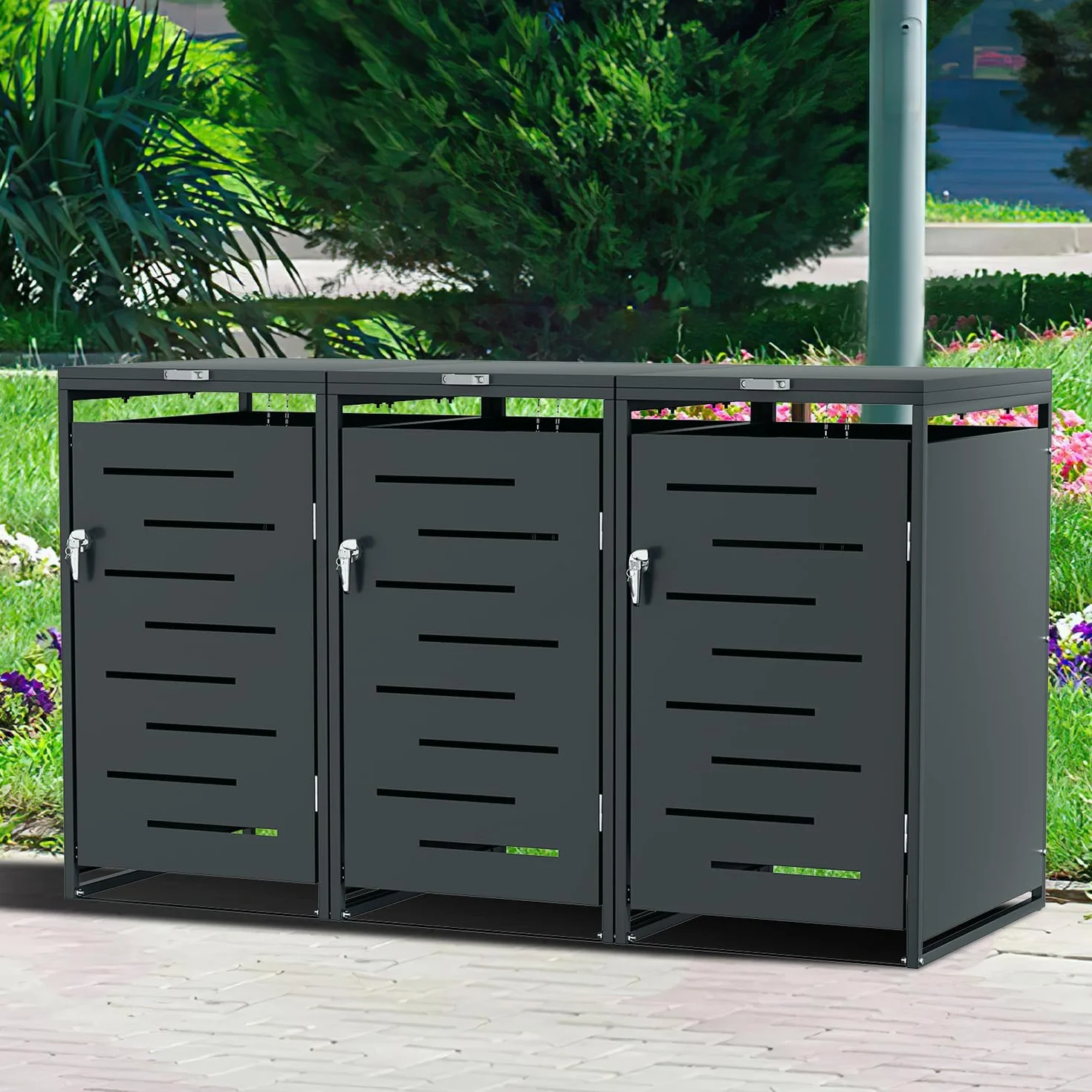 Caja para 3 cubos de basura 120L 240L acero resistente intemperie ventilación antracita