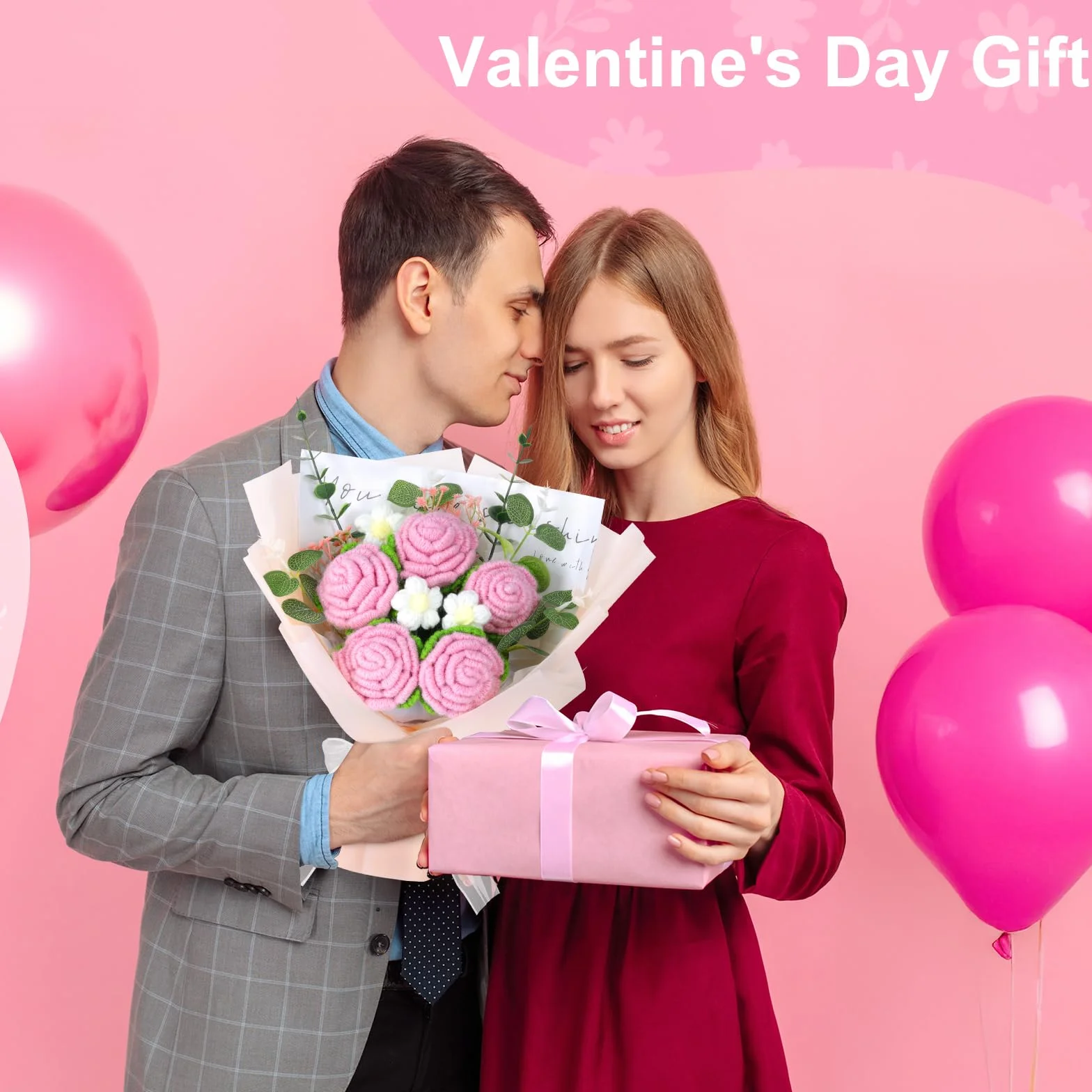Ramo de Flores de Ganchillo Hecho a Mano con Bolsa de Regalo para Mujer, Bodas, Día de la Madre (Rosa blanco)