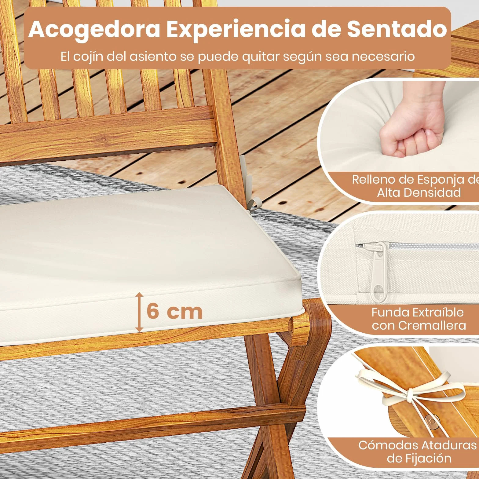 GIANTEX Set de Bistró Plegable 3 Piezas, Mesa y Sillas Terraza Madera Acacia con Cojines Removibles, Muebles Exterior Beige