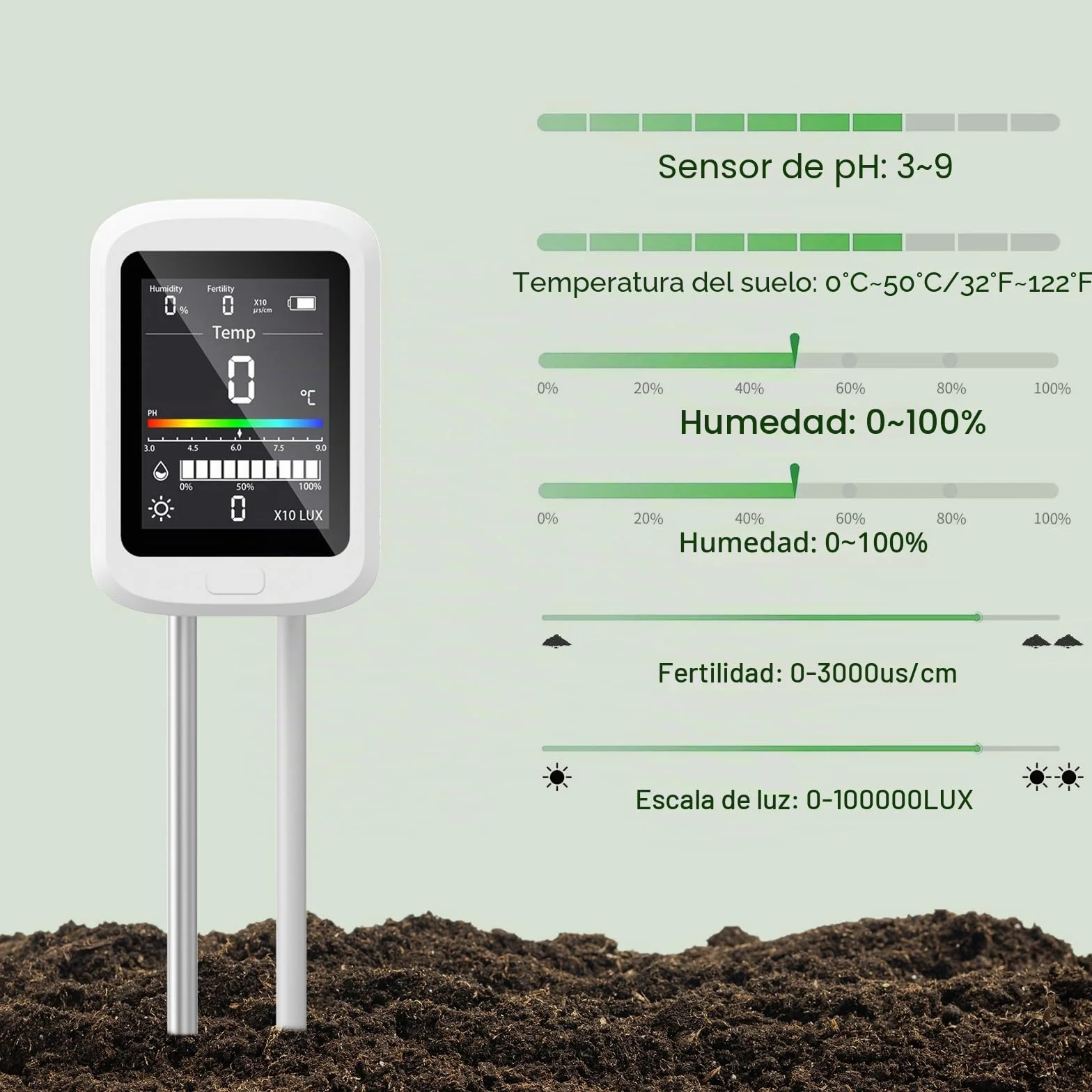 Medidor Digital de Suelo 6 en 1, Pruebas de pH e Intensidad Luminosa para Plantas