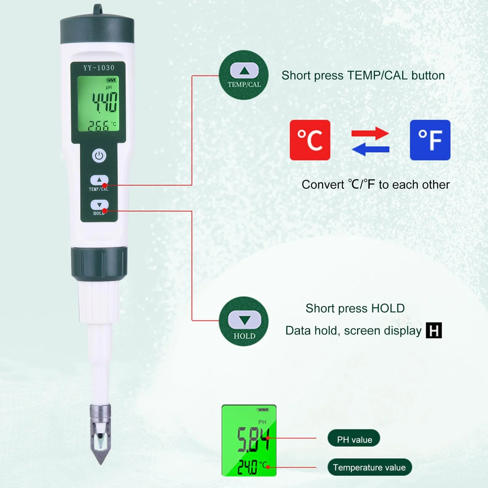 Medidor de pH para Alimentos - Medidor de Humedad del Suelo | Medidor de | pH para Alimentos | Probador Digital de pH del Suelo con Doble sonda | Medidor Digital de pH para Alimentos | Probador de pH
