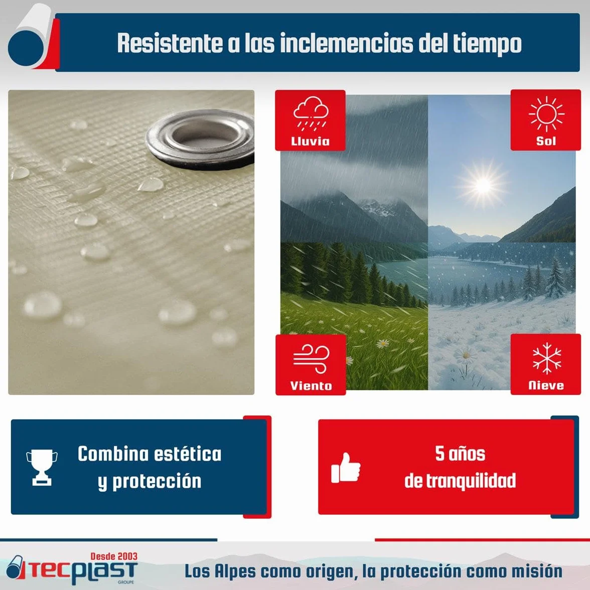 TECPLAST Lona Pérgola Blanco Crema 3x3 m PVC Impermeable LP506PR