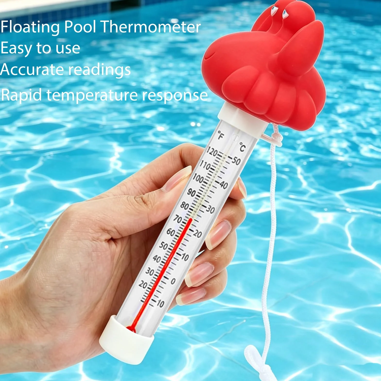 Termómetro de agua flotante para piscina, diseño de dibujos animados, resistente a roturas con cuerda, Cangrejo