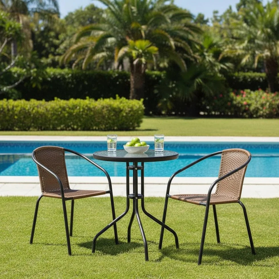 LOLAhome Conjunto Jardín Exterior Mesa y 2 Sillas Cristal Templado Ø60cm Ratan Natural Apilables