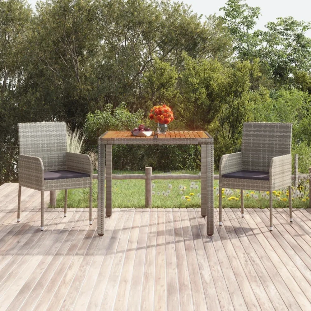 Mesa de jardín con tablero de madera gris, 90 x 90 x 75 cm, de ratán de polietileno resistente a la intemperie y acero pulverizado, altura regulable, ahorra espacio, ideal para terraza, balcón