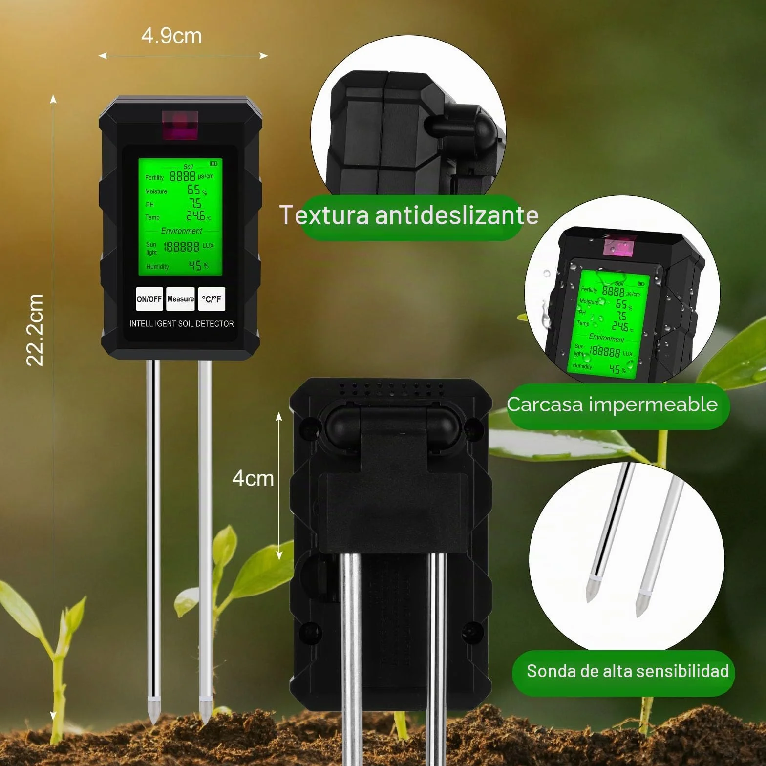 LWMTT Medidor de pH de Suelo 6 en 1, Pantalla LCD, Humedad, Temperatura, Luz Solar para Jardín