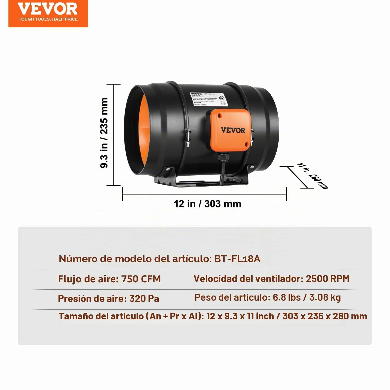 VEVOR Ventilador Silencioso de Conducto en Línea, 303 x 235 x 280 mm 506,2 CFM con Controlador de Velocidad Variable, con Motor de CA para Refuerzo de Refrigeración, Tiendas de Cultivo, Hidroponía