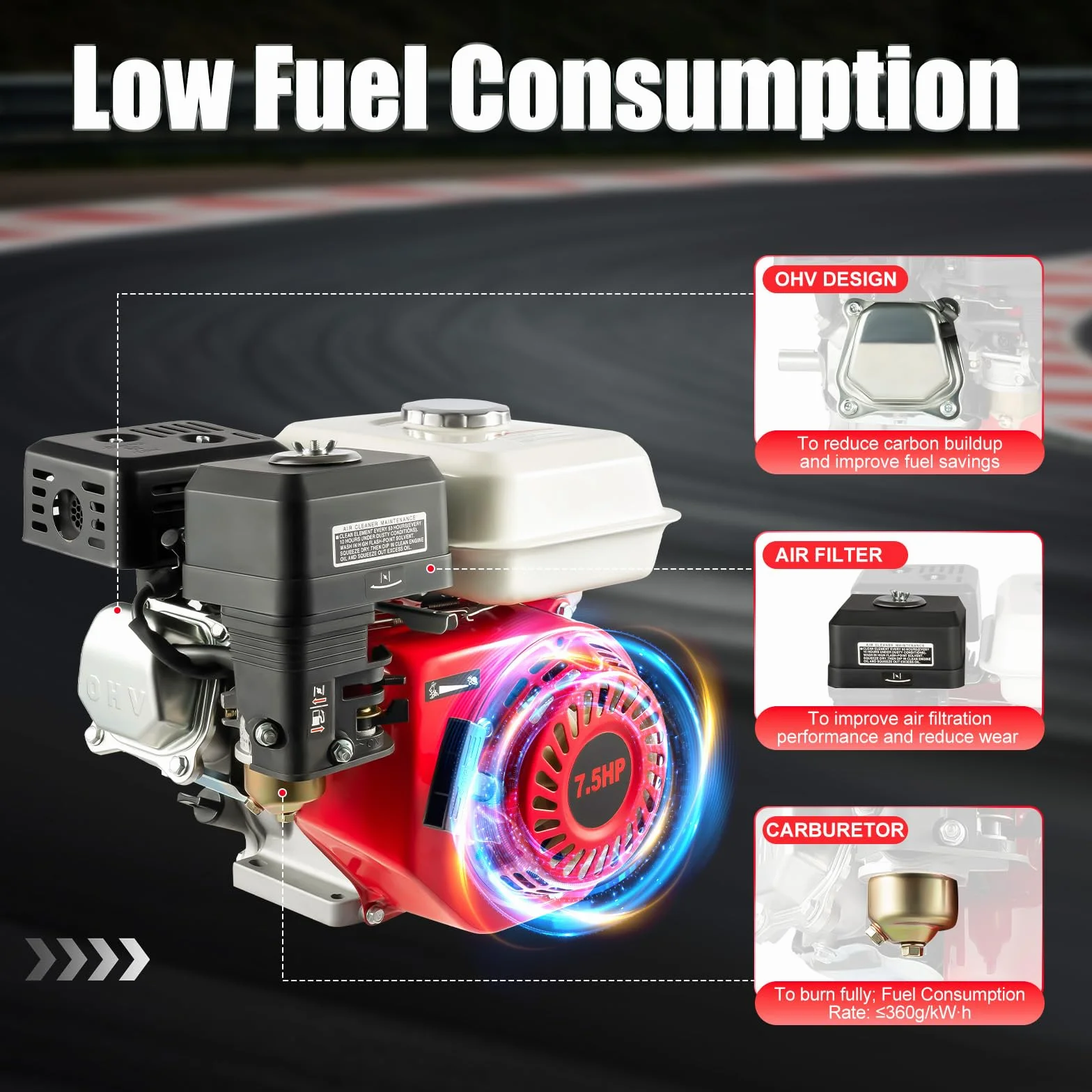 Motor de gasolina de 7,5 CV, 4,8 kW, 4 tiempos, 212 CC, motor de gasolina monocilindro, motor de karts, motor de accionamiento con eje de 20 mm de diámetro, protección contra la falta de aceite