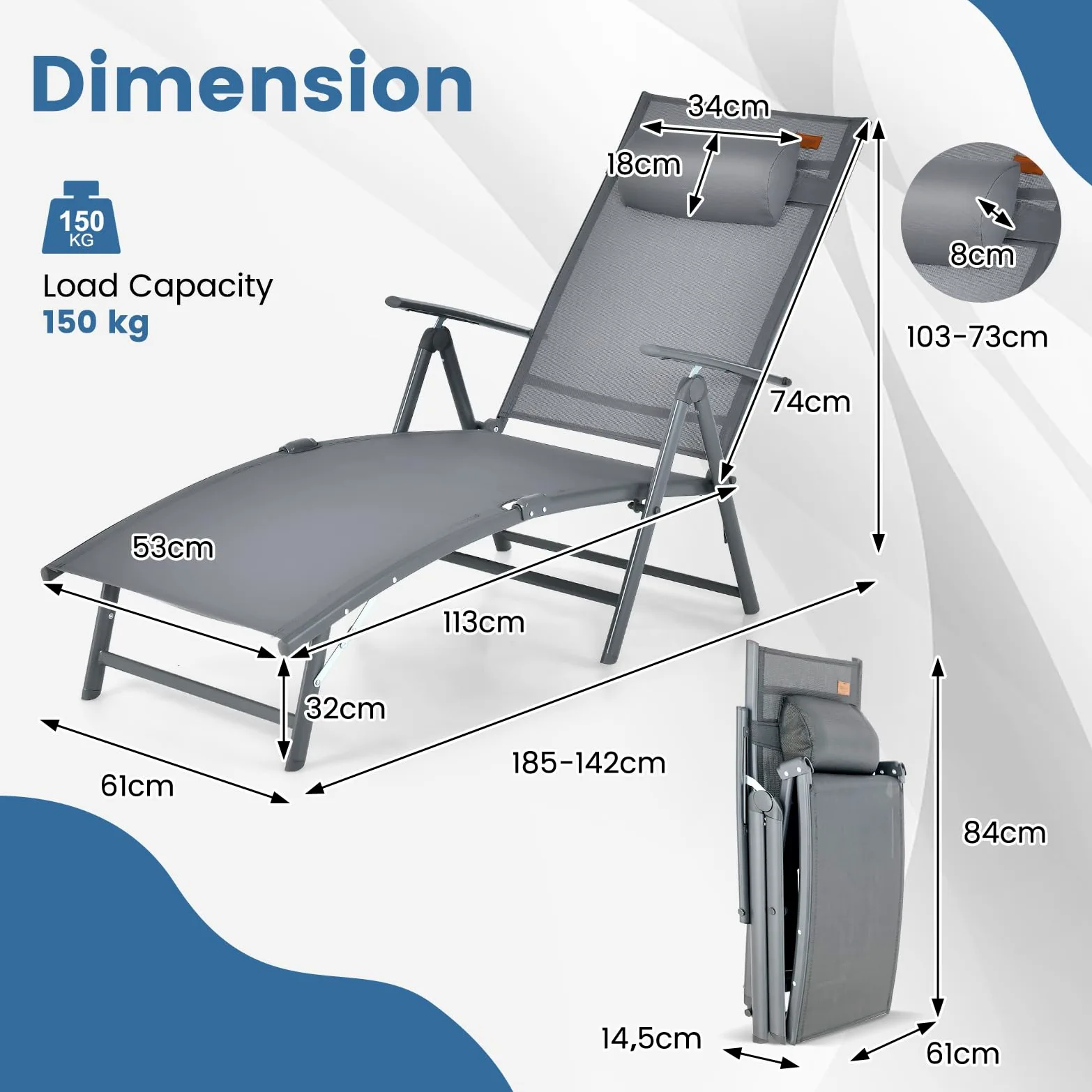 GIANTEX Silla reclinable con respaldo ajustable en 8 posiciones, silla tumbona plegable y cómoda de metal, capacidad de carga de 150 kg (gris)