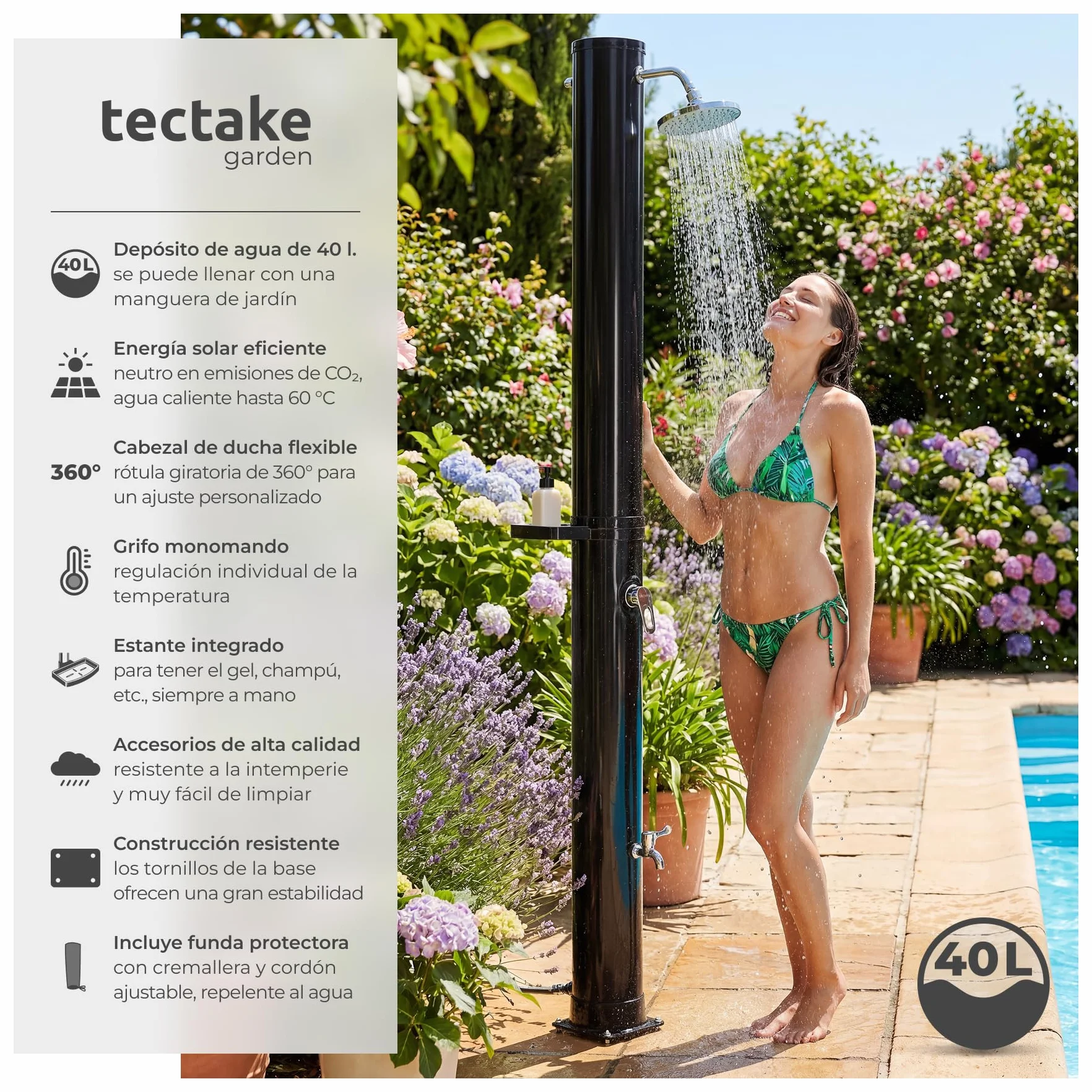 Tectake Ducha Solar Exterior 40 L Negro Resistente Intemperie Alcachofa 360°