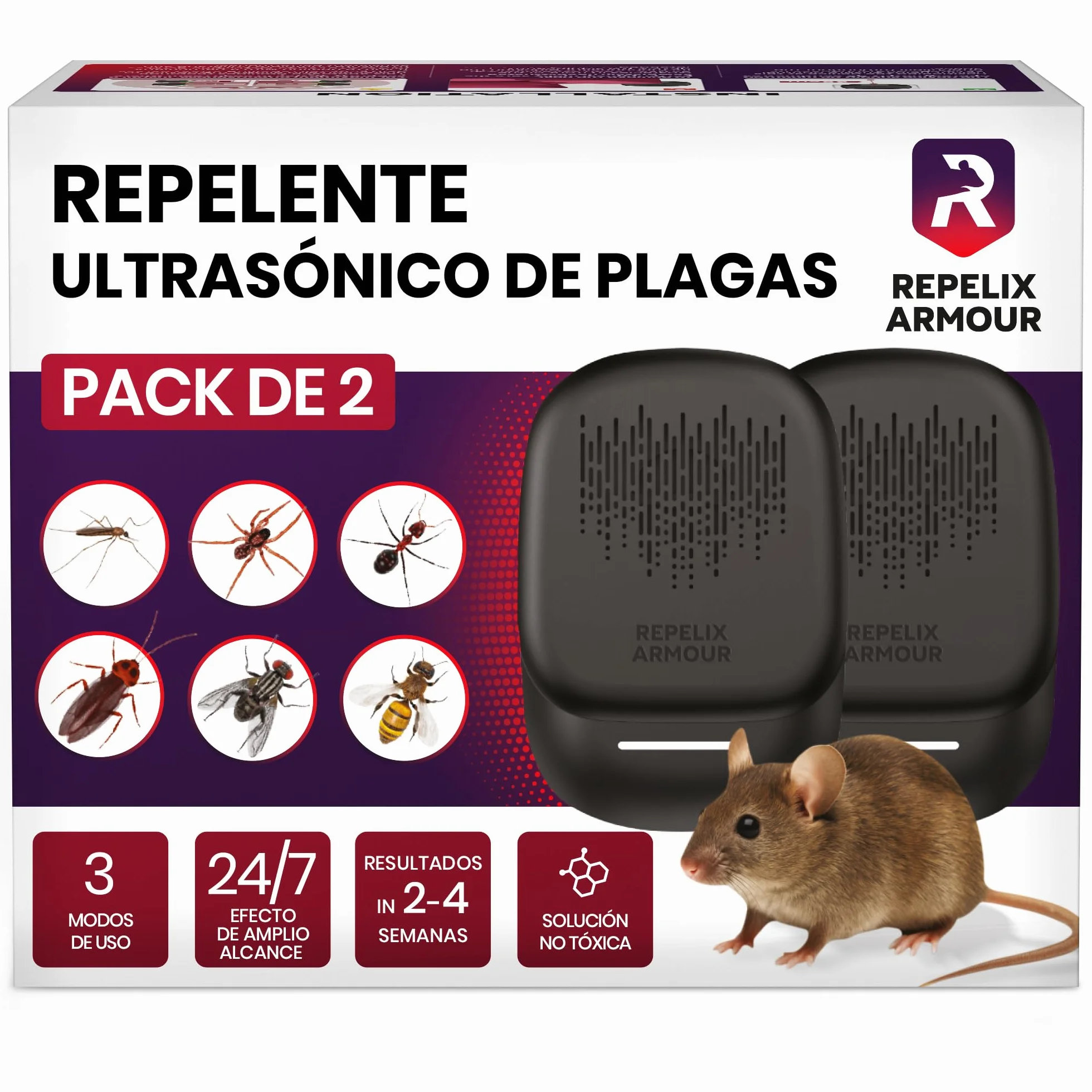Repelente ultrasónico de plagas para Interiores Pack de 2 140m² 3 Modos