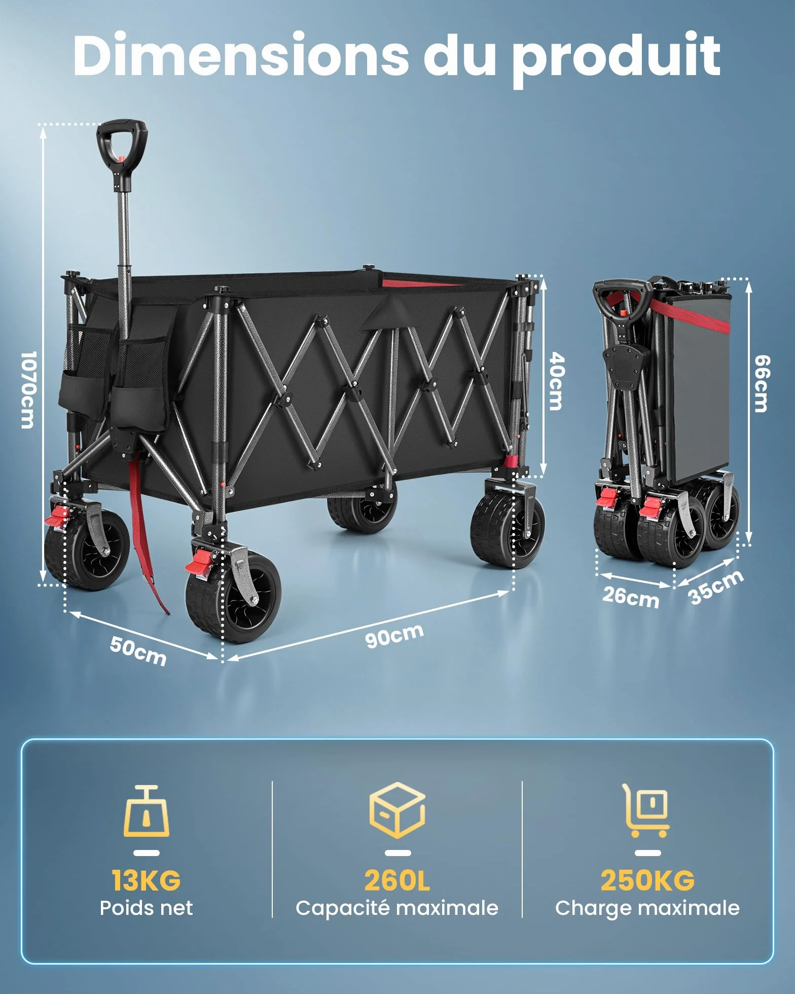 YEAUPE PRO XXXL Carro Playa Ruedas Grandes 200-300L Frenos Dobles Negro Carbón