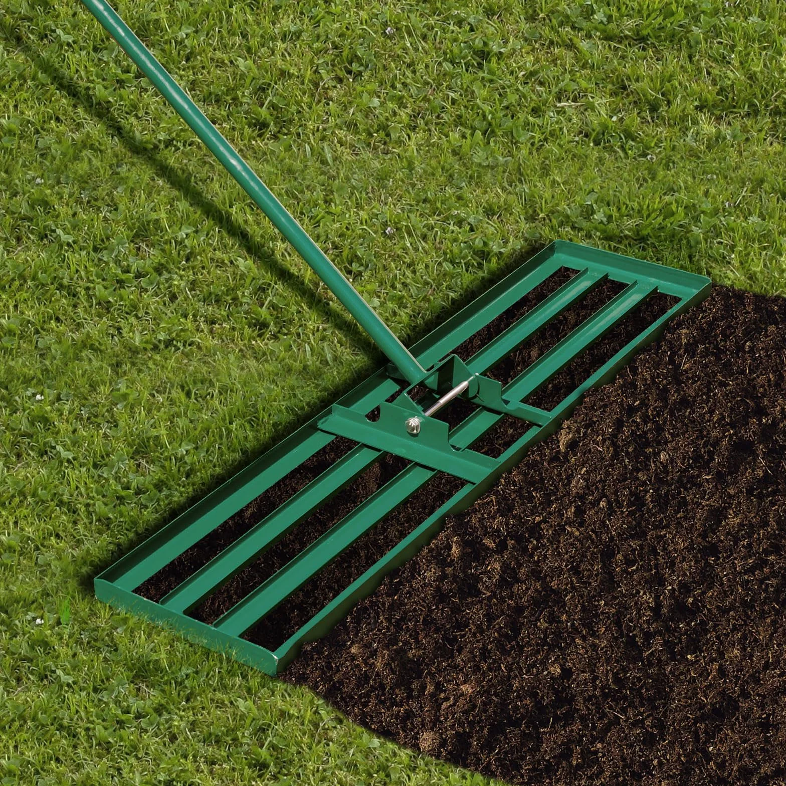 Rastrillo nivelador de césped, herramienta niveladora de alta resistencia con cabezal giratorio de 180° y mango largo de 67'', rastrillo de jardín para patio, jardín, campo de golf, suelo, arena y
