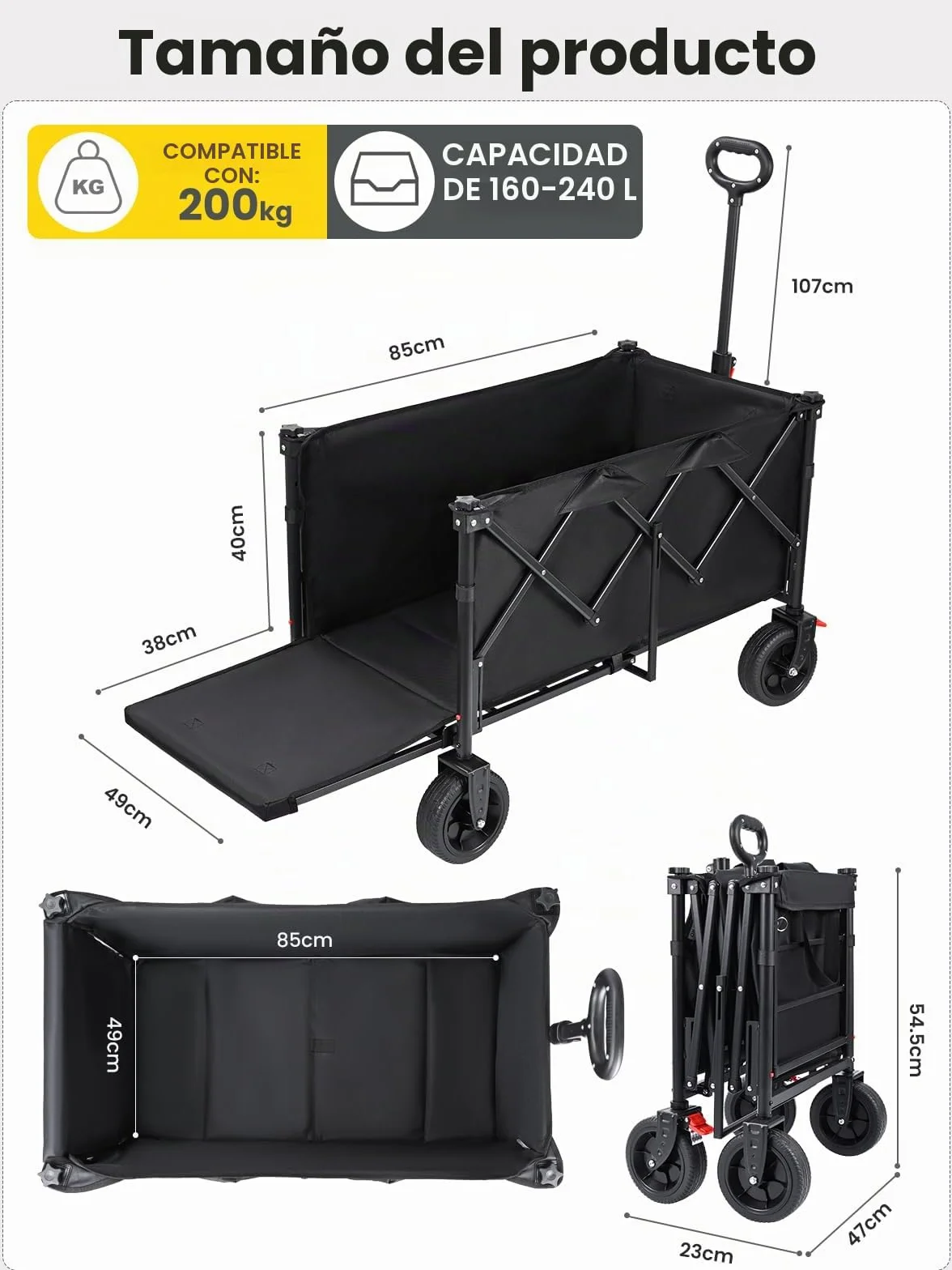 Carro Playa Ruedas Grandes 200kg 160-240L Fondo abatible Frenos Camping Pesca Transporte Familiar Red elástica Negro