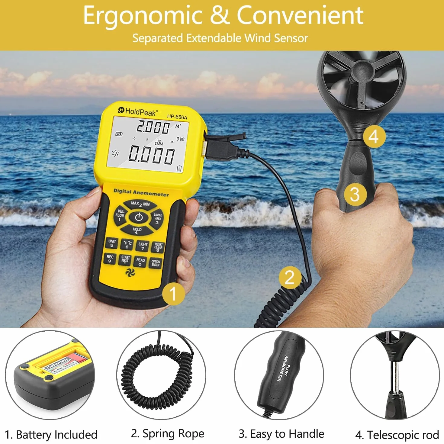 HoldPeak 856A Anemómetro Digital de Mano Medidor de Velocidad del Viento con Temperatura