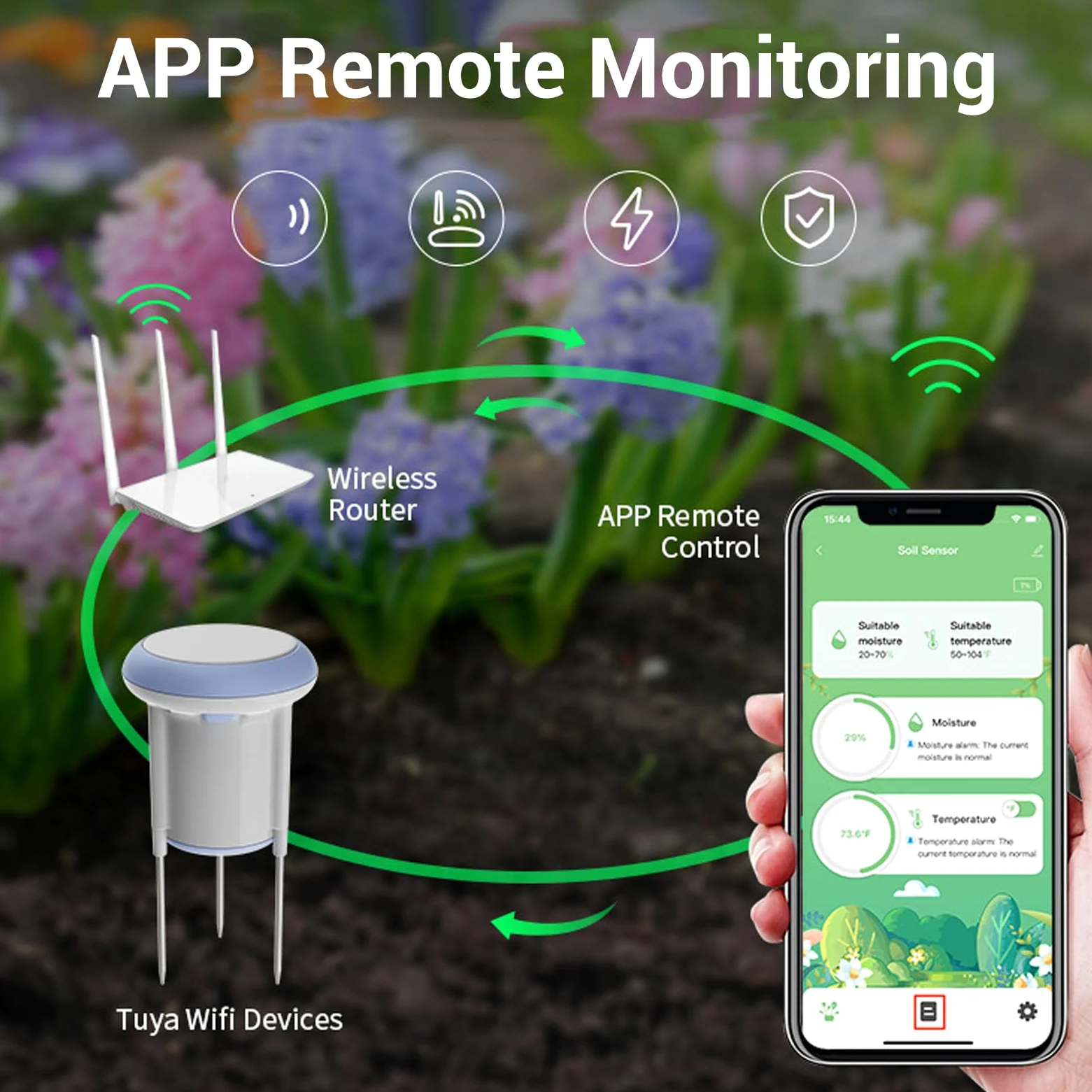 Sensor de Suelo WiFi, Bluetooth Inalámbrico 5.0 IP66 Monitor de Temperatura a Prueba de Agua con Control Remoto de la Aplicación para Plantas en Macetas Cuidado