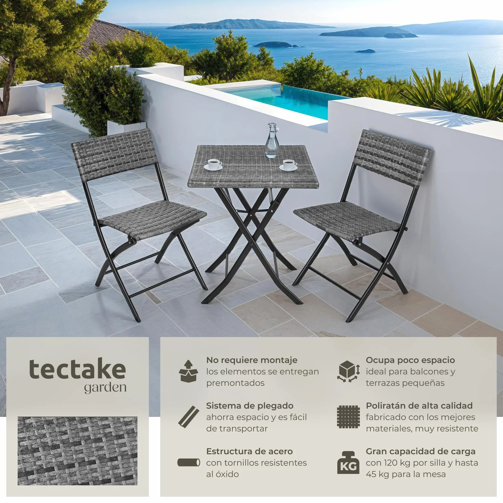 tectake Conjunto Jardín Exterior de Ratán y Acero para 2 Personas, Muebles Resistentes a Intemperie, Plegable, Gris