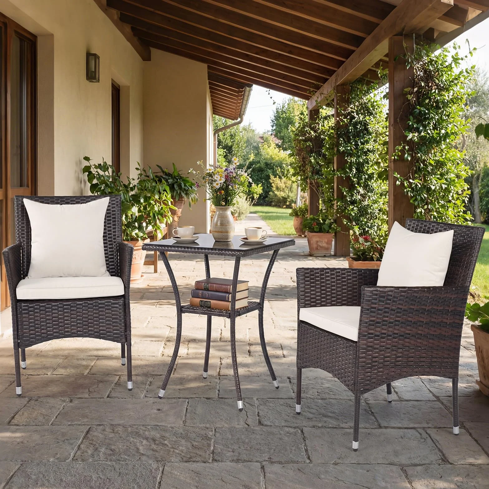 COSTWAY Conjunto Mesa y Sillas Jardín 3 Piezas, Mesa Terraza Exterior Cristal Templado 2 Nivel, Muebles Conversación con Cojines