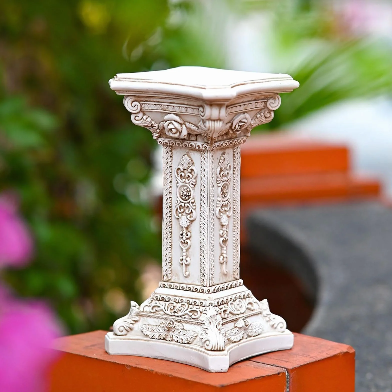 Columna Griega Decoración Pedestal con Tallado Floral para Jardín