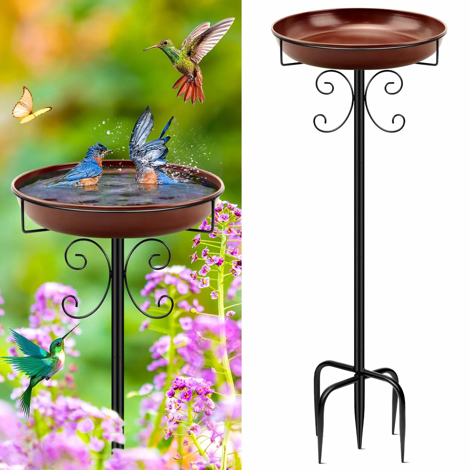 Bebedero para pájaros de pie, baño exterior jardín 35 pulgadas cuenco metal marrón