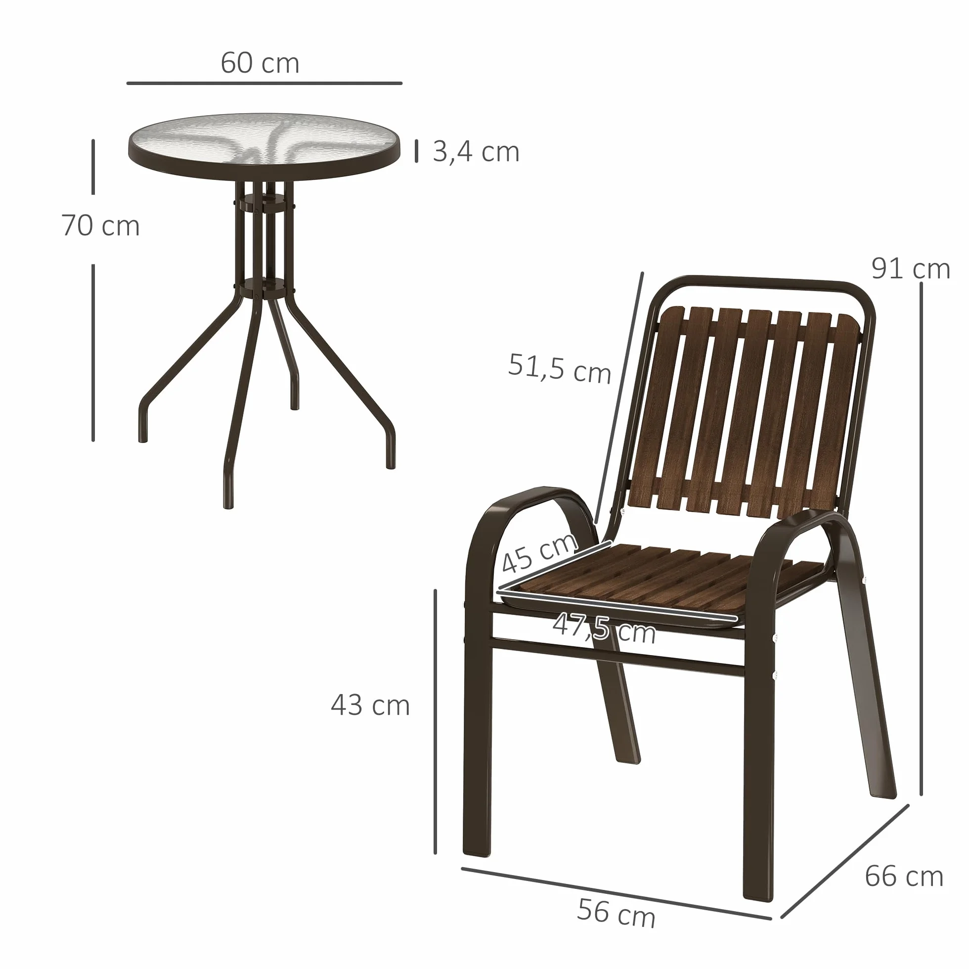 Outsunny Conjunto Jardín 3 Piezas Muebles Jardín Sillas Apilables Mesa Vidrio Templado Acero Terraza Patio Marrón Oscuro