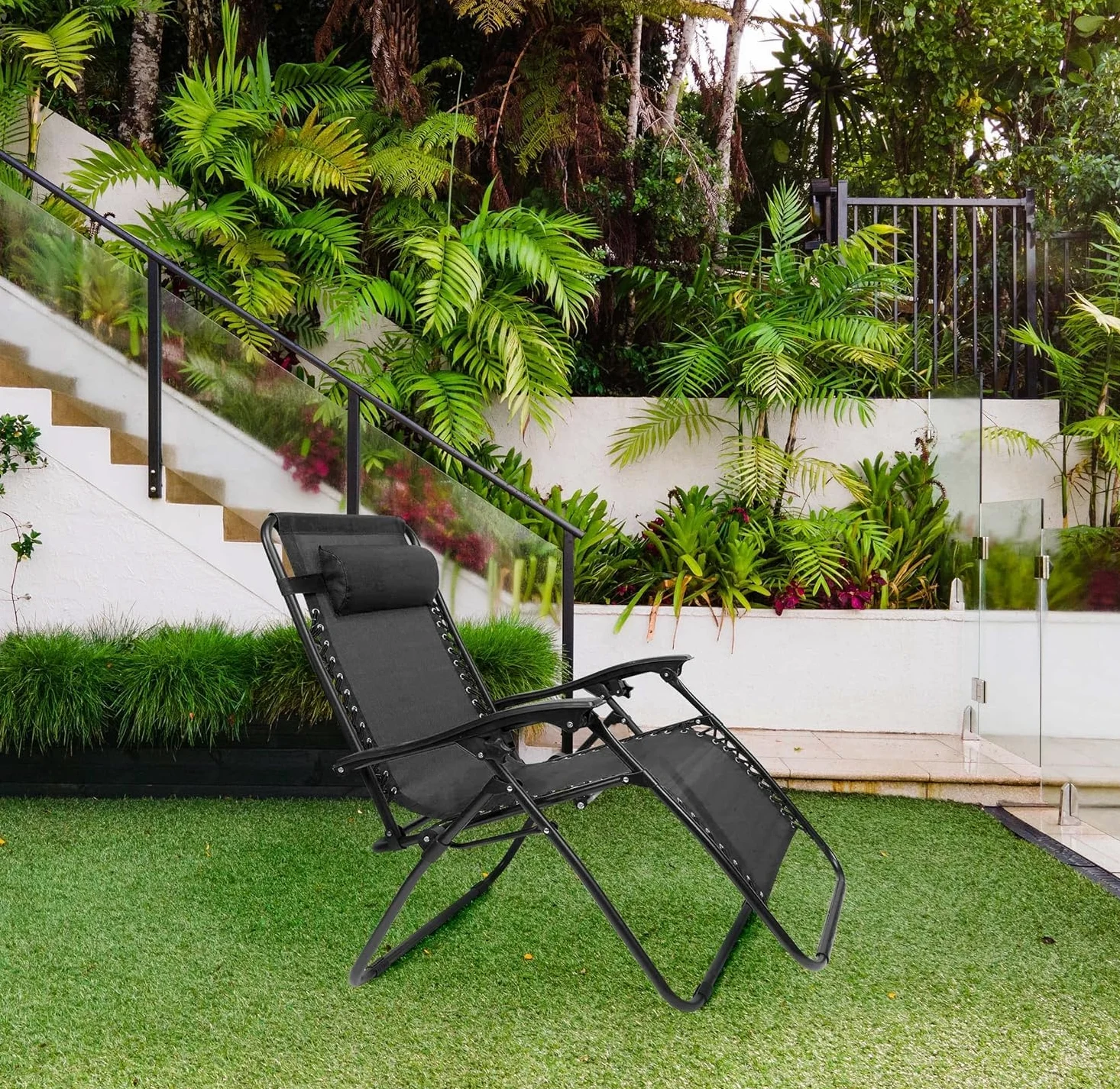 Tumbona Plegable con Reposacabezas y Reposabrazos, Reclinable, Gravedad Cero, Acero Ligero y Resistente, Ideal para Jardín, Playa, Piscina y Terraza, 1 Unidad, Negro