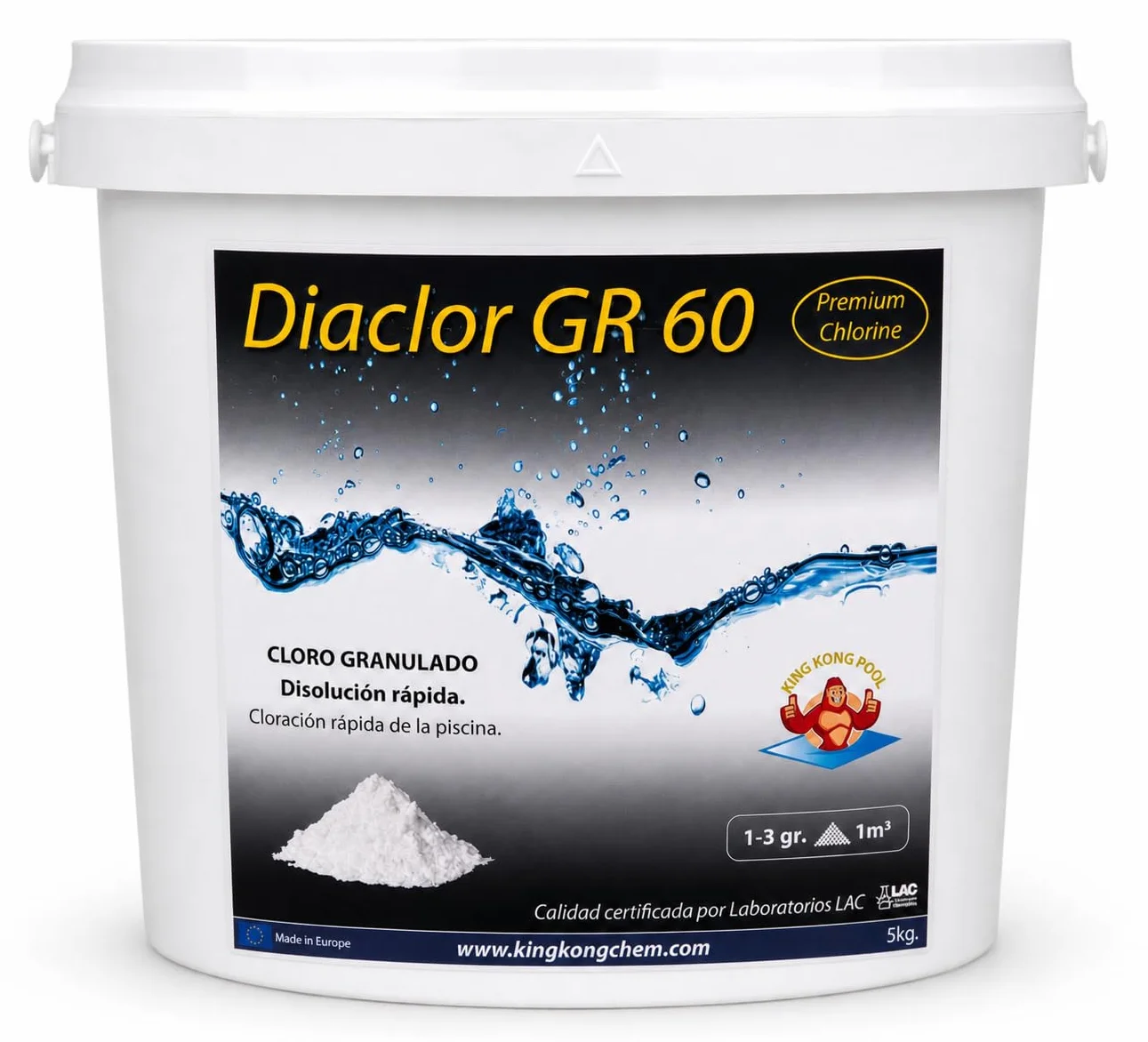 DIASA INDUSTRIAL Cloro Choque Disolución Rápida para Piscinas DIACLOR GR 60 5 KG Dicloro Granulado Puro