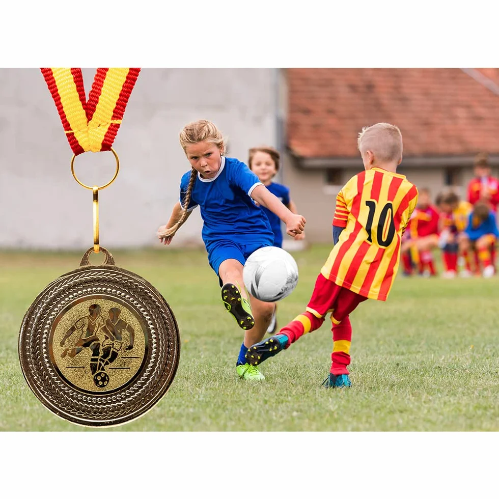 Pokal-Fabrik Juego de 10 Medallas de Fútbol Metal Dorado con Cinta Azul, Blanca y Roja