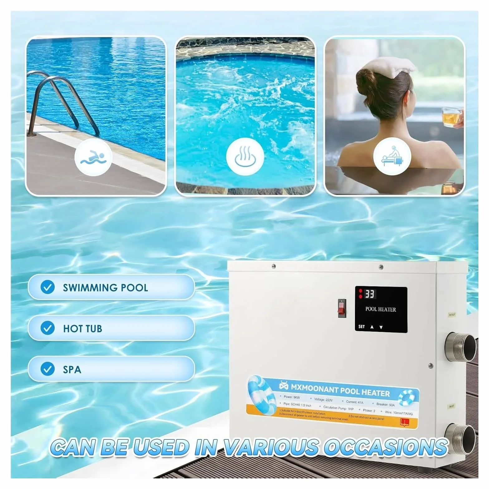 Bomba de Calor para Piscina 15 kW con Pantalla táctil Digital, Calentador de Agua eléctrico