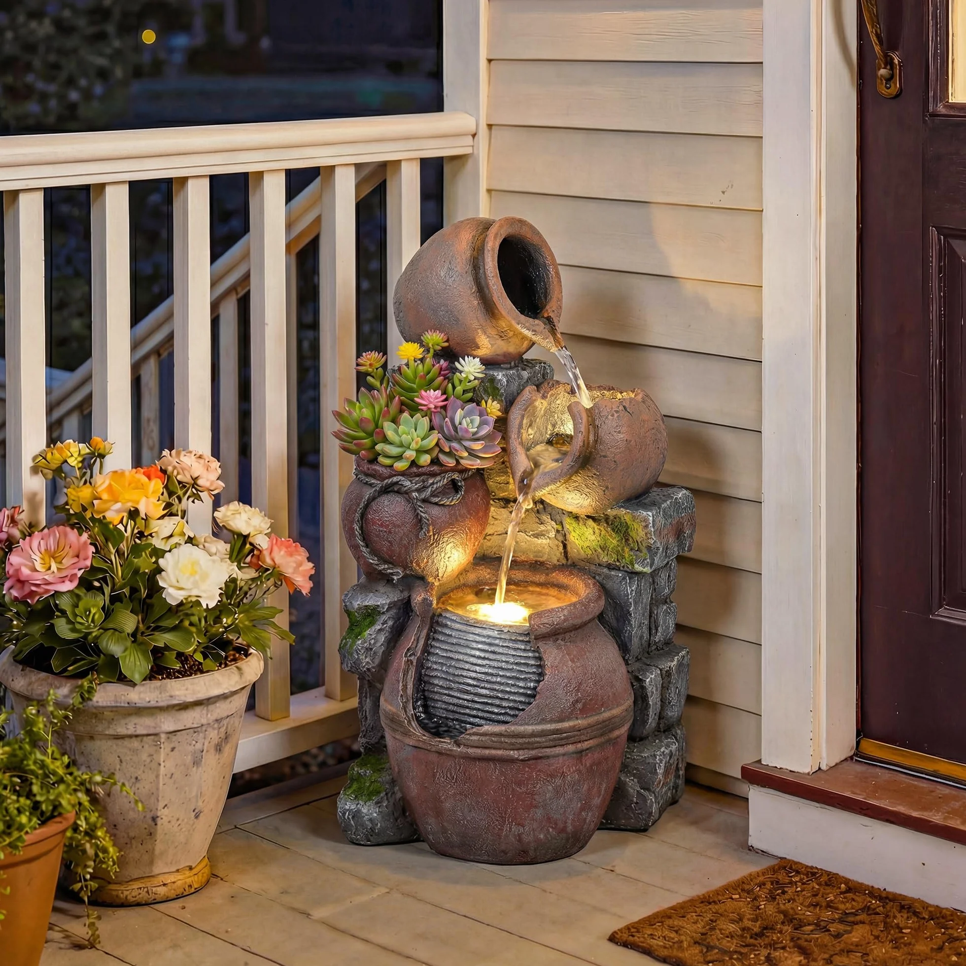 Fuente exterior Outsunny con macetas y jardineras rústicas de 4 niveles, cascada, fuente de jardín con luces LED, caudal ajustable, fuente de jardín para patio, terraza, marrón rústico.